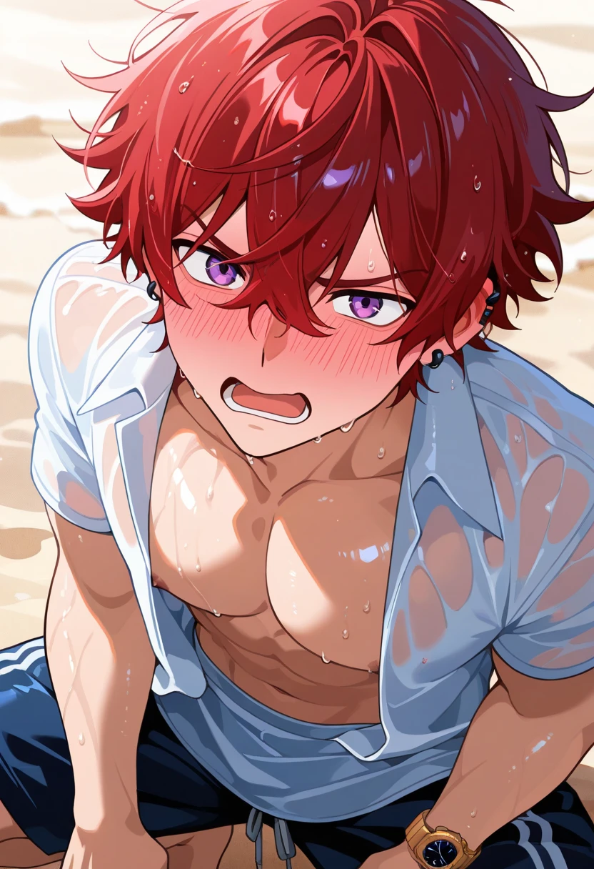 A young man, reddish pink hair, fluffy shot hair ,Her skin is somewhat pale , rectangular eyes, red eyes, naked (no clothes), expresión facial climax , from head to toe, Whole body,big dick , climax , full body ,he is alone , 1 boy