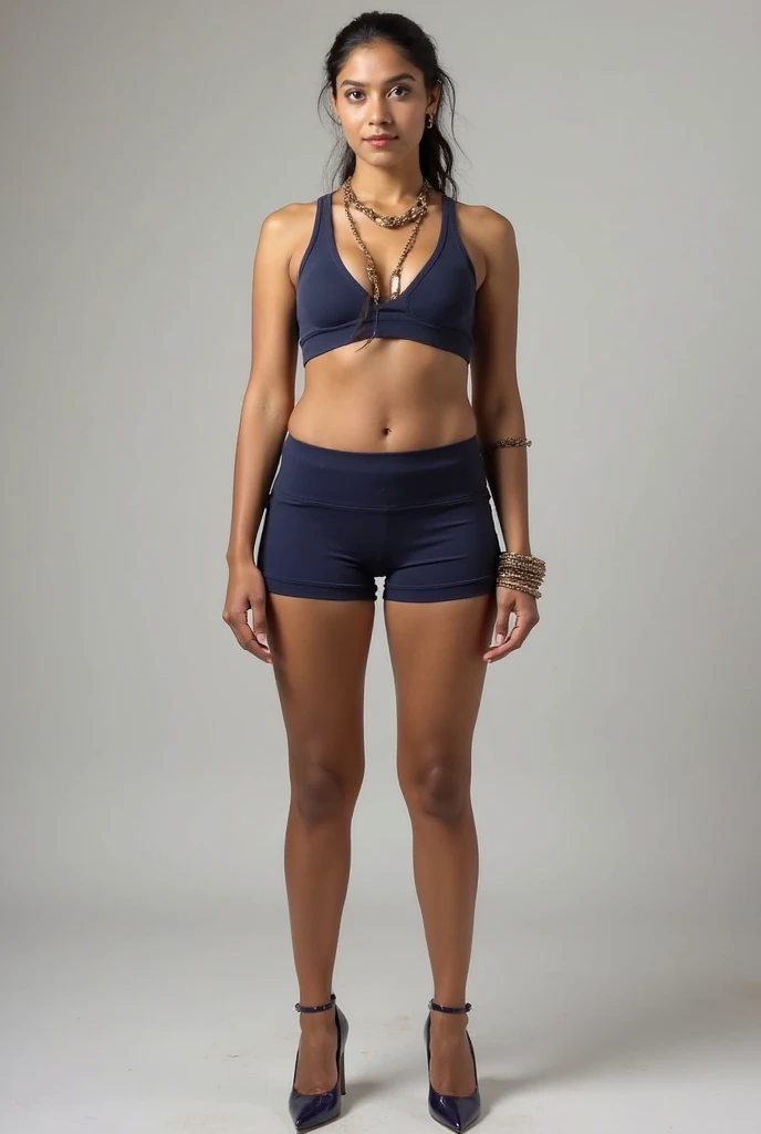 Foto hiperrealista en primer plano de Naomi Campbell, masterpiece, best quality, (photorealistic:1.4), full body, (navy blue t-shirt:1.2), (navy blue yoga short pants:1.2), Black boots, runs through the jungle, cinematic light, beautiful woman, skinny, medium breasts, black long hair, hair tied in a ponytail, ponytail haircut, detailed face, smile, facing the camera, photo taken from a distance, age of 14 years old