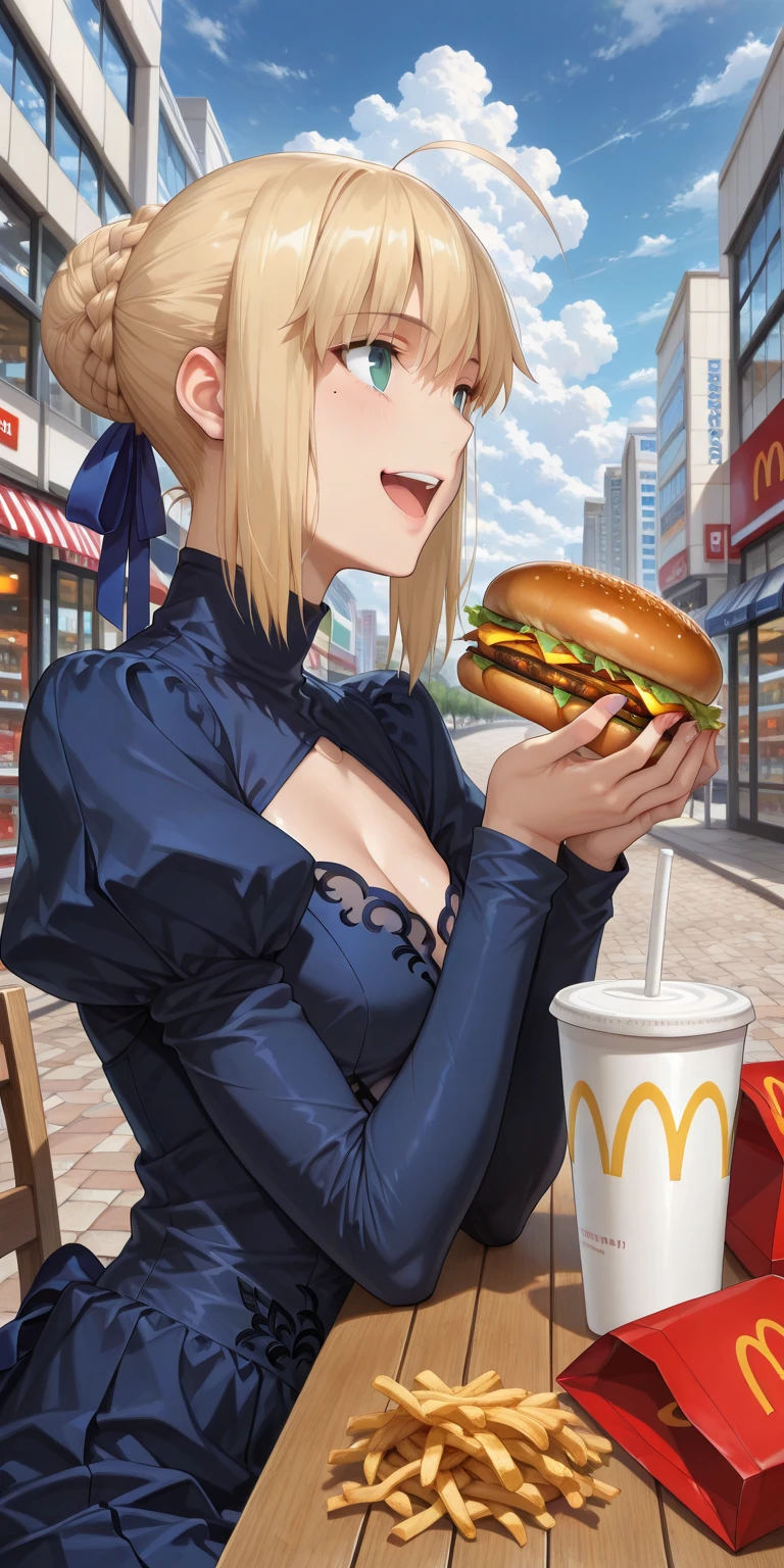 masterpiece、Ultra-high quality CG、1girl in、Teenage、Beige brown hair、two-handed burger、Holding a huge hamburger in both hands、eats、cowboy shot, Photorealsitic