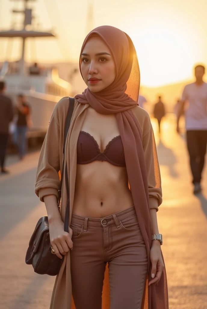 1 malay woman in hijab,(( light yellow floral pattern bra and thong panties)),(large buttocks),Emphasize ass,Smaller chest, laughing smile, (hijab flying), de pele branca,big breasts thin waist, egypt style street, Hyper-Realism, Cinematic lighting, depth of fields, From below, vanishing point, F/2.8, Anatomically correct, Textured skin, Super Detail, awardwinning, Best Quality, hight resolution, 8k,