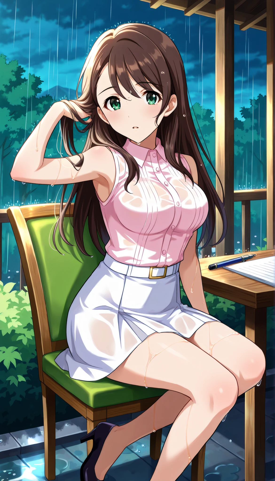 Honami Nishikawa,(((thin pink sleeveless shirt))),(((white skirt))),((long hair)),rain,Outdoors,Wet Body,arm up pose,(((Medium Breasts))),brown hair,Ulchan -6500-v1.1, (RAW pictures:1.2), BEAUTIFUL DETAILS, Very Detailedな目,Beautiful Eyes,beautiful eyes,GREEN EYES,file size is large, high res, Very Detailed, top quality, [masterpiece:1.6], Awareness-raising, Very Detailed, CG, fine, top quality, 8K Wallpaper, Perfect Body,Very Detailed,chair with a pen,thighs,pumps