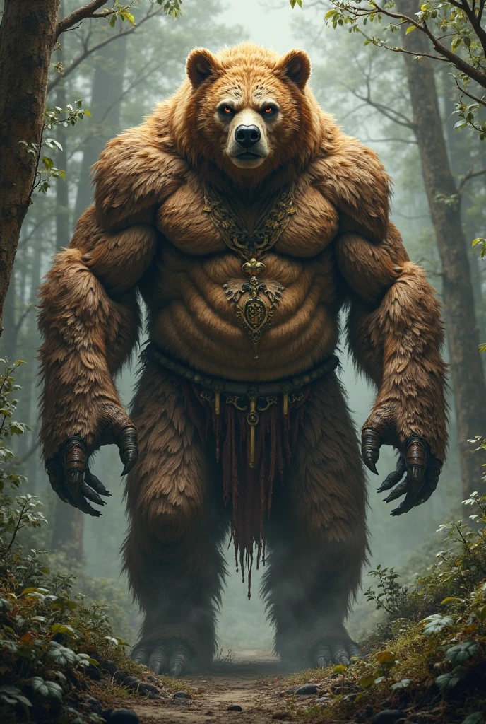Correct anatomy,Bear,personification,strong , male ,Bara,Original costume,Loincloth,warrior,Standing guard,Standing in front of the audience,Looking at the audience,Holding his penis,Urinate , Primitive tribal background(1.2)