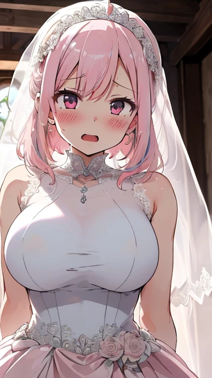 (8K, top-quality, masterpiece:1.2), (reallistic, Photorealsitic:1.37), Super Detail, One girl,), (Highly detailed), (beautifully detailed eyes), (of the highest quality), (super detailed ), (masterpiece), (Detailed face),20yr old, ,1 girl, ((pink hair,long hair)), medium breasts, clothed, Perfect Lighting, BREAK, (wedding dress:1.5), (sheer fabric:1.3), (lace details:1.4), (modest exposure:1.2), (innocent yet sexy:1.3), (white:1.4), (ivory:1.2), (beige:1.1), (long train:1.2), (high-neck blouse:1.1), (wide-leg culottes:1.2), (silk socks:1.1), (flat shoes:1), BRAKE, (upper body to thighs:1.3), (long pink hair:1.2), (standing:1.2), (smile:1.2), (face forward:1), (looking at viewer:1), (hands on dress:1), (chandelier:1.1), (white flowers:1), (natural light:1.2), (wedding hall:1.2), BREAK (sweat:1.5), (girl trembling with sexual climax:1.1), (looking at viewer:1.3), (erect nipples:1.2), (NSFW:1.5)
