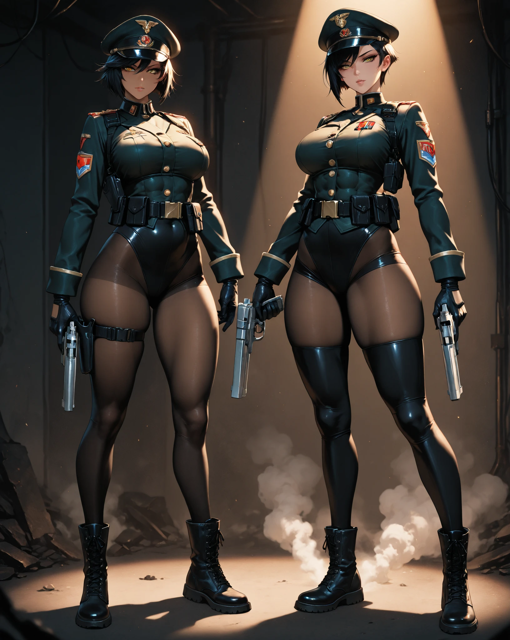 2 full body cartoon girls with a very beautiful realistic face and realistic black hair, with high heels, Ultra detailed complex 3d rendering of a beautiful profile face, in detailed tight leather pants, with jacket with hood, global illumination, holding a red helmet, with perfect soft curves, 3d render stylized, post - apocalyptic cowgirl, marmoset toolbag rendered, A stunningly realistic 18-year-old portrayed in a masterpiece of ultra-detailed artwork, ultra quality render, with black belts and bags like RPG concept, ultra detailed ornaments in clothes, with tattoo in neck and boobs, with variations, soft lighting, high quality, volumetric lighting, photorealistic, dark studio, rim lighting, tone lighting, with post - apocalyptic background. --auto --s2
