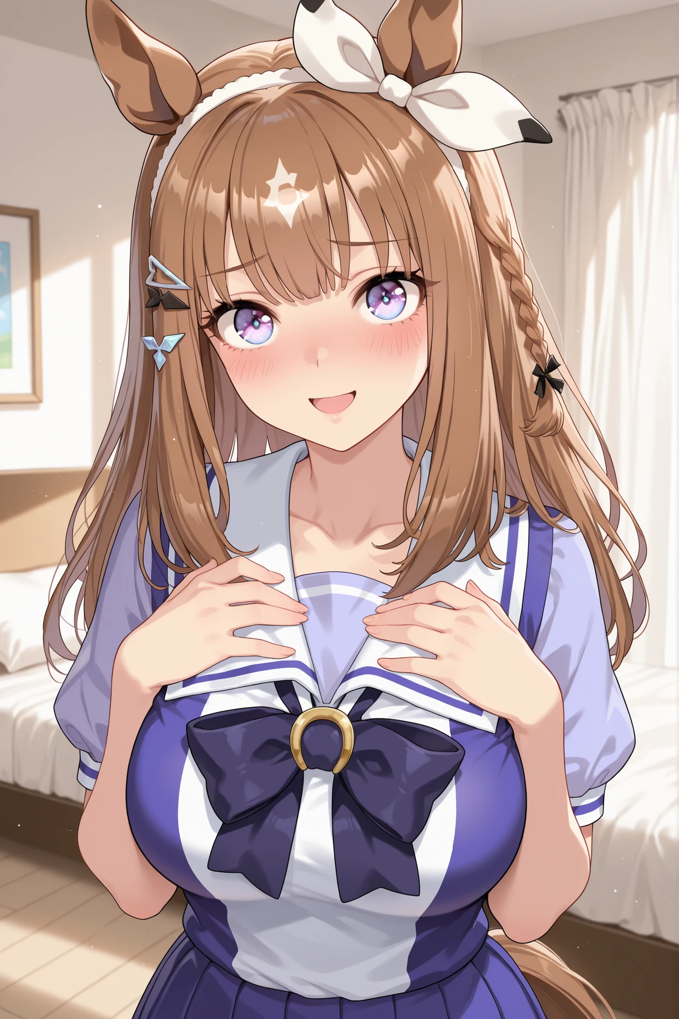{{{masterpiece}}}, {{{best quality}}}, {{ultra-detailed}}, (detailed skin texture) , solo, almond eye (umamusume), short sleeve school uniform, white line on the middle of school uniform, dark blue skirt, beautiful breast, blush, cute smile, embarrassed,open mouth, looking at viewer, standing, straight posture, (hands on chest), large living room, bed, white curtains, upper body