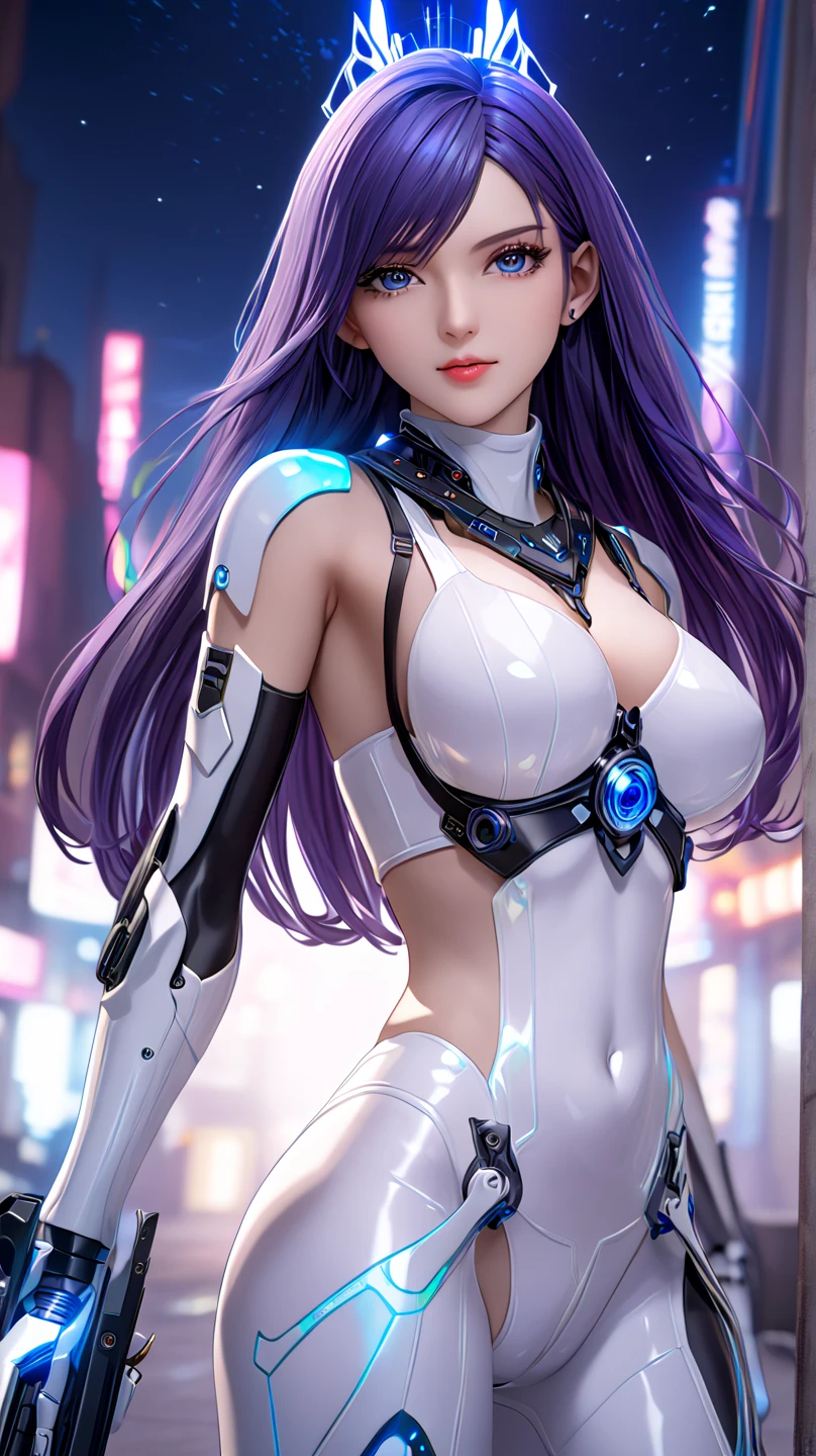yinji,1girl,solo,purple_hair,purple_eyes,very_long_hair,grey_hair,braided_ponytail,large_breasts,gradient_hair,cool,Doll-like face,Perfect Face,cyber punk,Holography,BREAK,(Super long pigtails:Lilac color),BREAK,Cyberspace Background,Yinji suit:detailed,Purple, white and black color scheme,neon,Dance,Anatomically correct