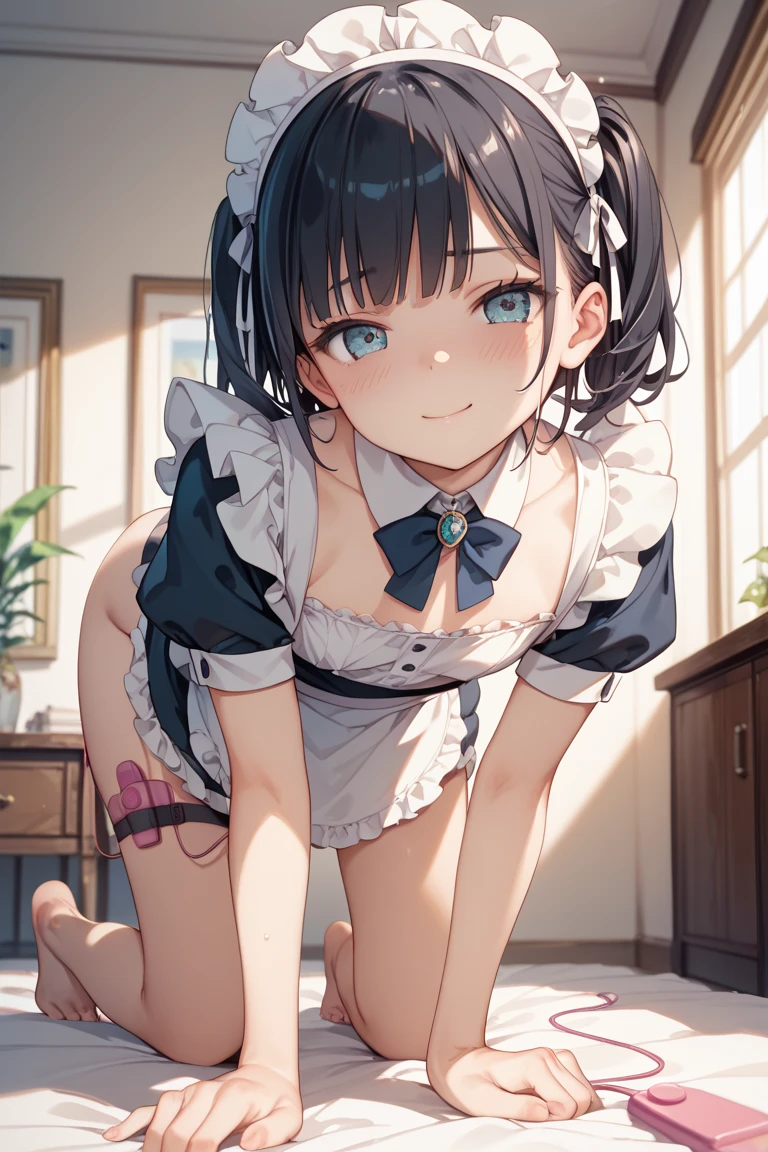 BREAK Perfect Anatomy、Highest quality、(cute:1.1)、(cute)、(High resolution:1.2)、Unbelievably absurd:1.3、Incredible illustrations、(cuteイラスト:1.2)、nsfw,(Beautiful background、Late Night、Bedroom、Red Curtain)、1girl(Green hair, red eyes、curl outward hair(child,(a girl, , height 1.3meters, 30kg),0-year-old,flat chest)(maid,White Silk Sexy Lingerie、garter belt)(、)( Sex preparation:1.2,panties aside)sex toy(dildo),pussy juice:1.2,Preparing ,(collar,handcuffs,restrained、chain、gagged)(upskirt,cinematic angle) Against the wall、Hands above head,legs apart,rape