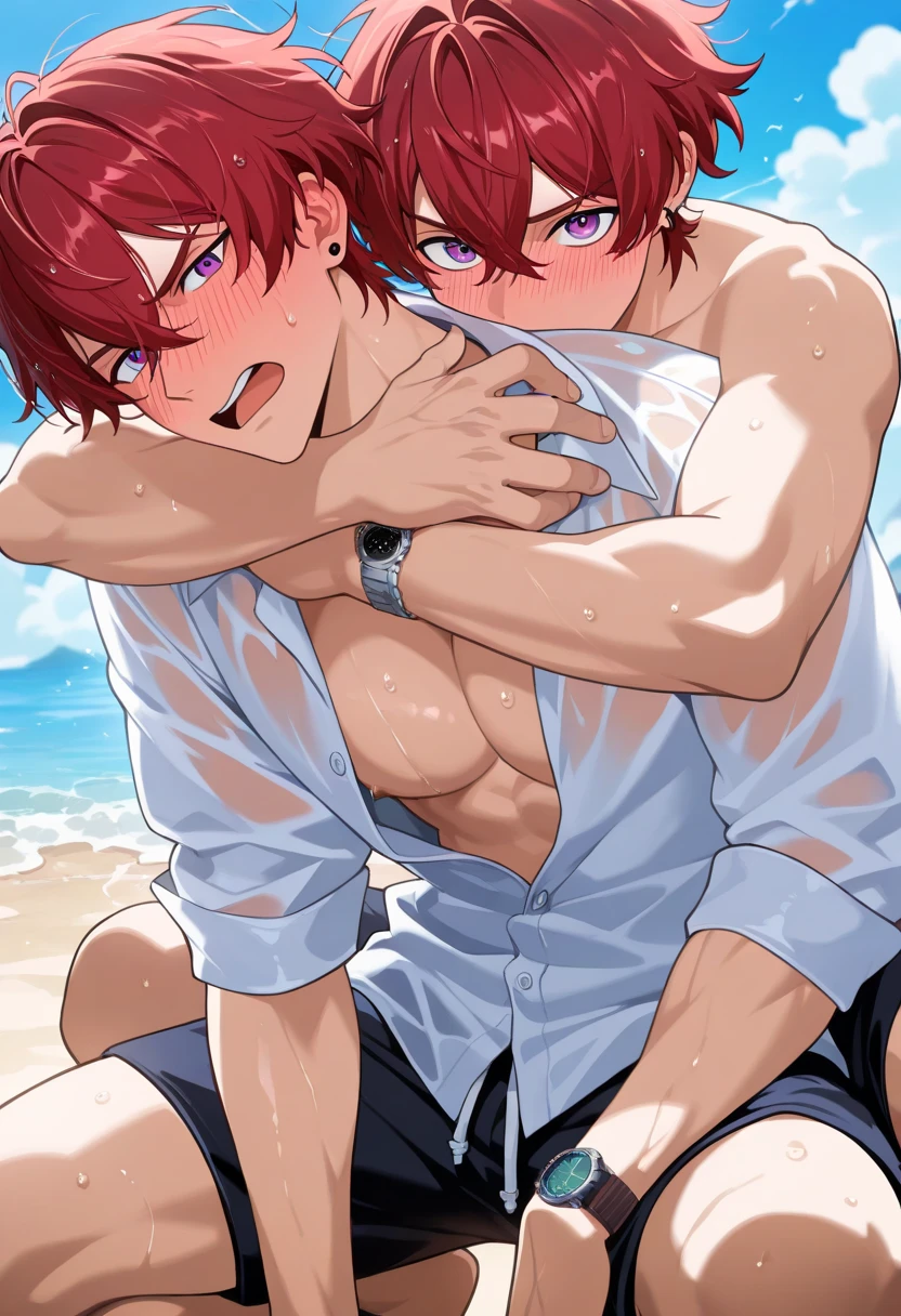 2 boys ,green hair ,red eyes ,swim trunks ,shirtless ,high quality ,masterpiece ,beach ,kissing