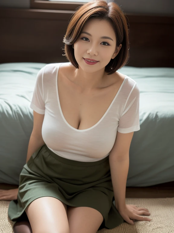 Japanese woman,knit sweater one piece、A big smile,(((Sitting with Knees Up on sofa at living, spread legs,:1.3)))、Raise your hands above your head、
(((masterpiece))), ((highest quality)), ((Intricate details)), (((Super realistic)), An absurd solution, Near and far, Very detailed, Realistic, One Girl, ((Big and ample breasts under the t-shirt)), Perfect hands, Detailed fingers, Beautiful and fine details, short hair,,(Black tight skirt:1.2), Detailed Background、Bright interior,White blouse, Perfect Eyes, Captivating eyes, Look at the viewers, from the front、Laughter、Mole on the mouth,black tights、pink lace panties,black foot stocking