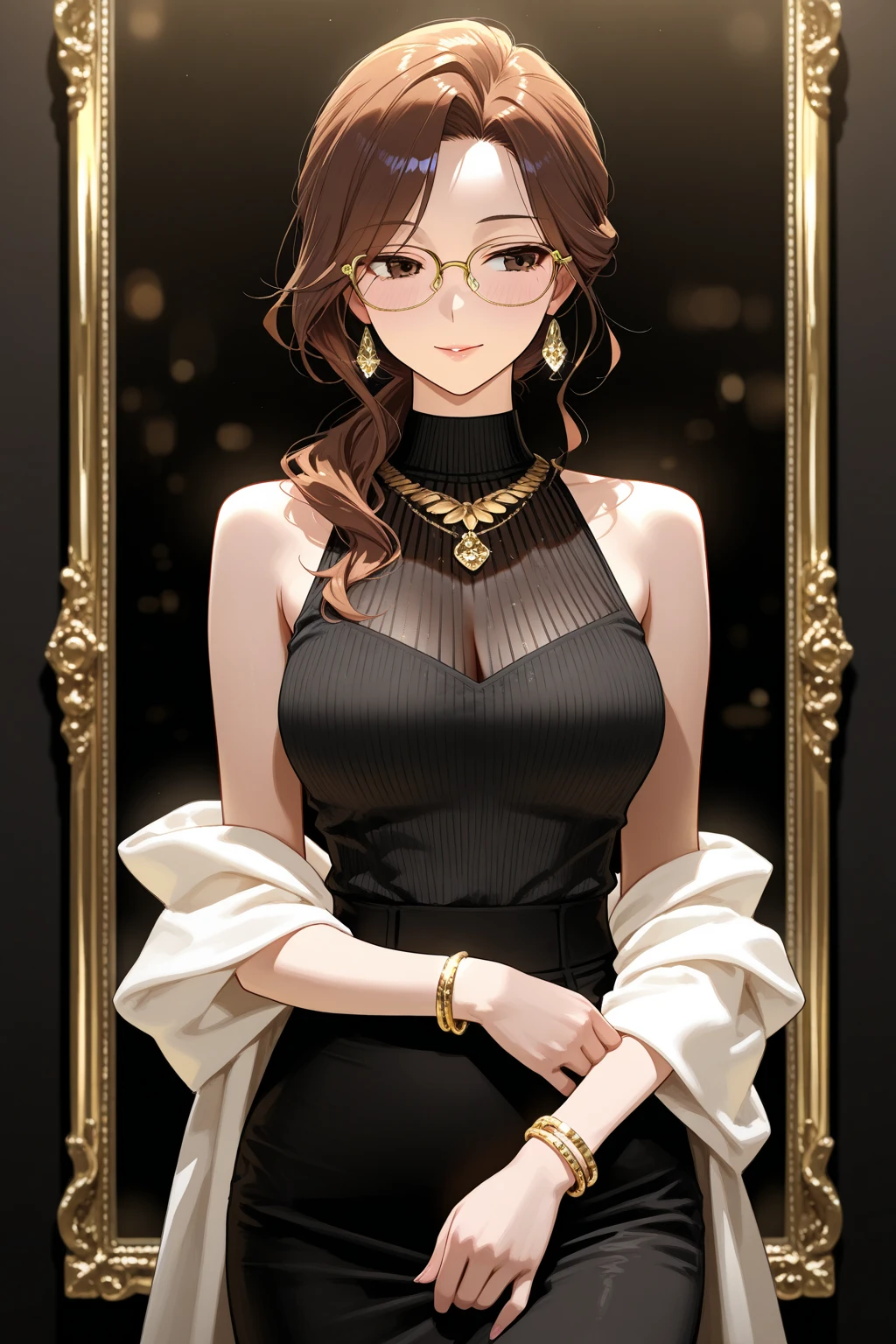 (masterpiece:1.3, highest quality), ultra high resolution, super detailed, (realistic, photorealistic:1.4), beautiful illustrations, perfect lighting, colorful, Depth of the bounds written,
looking at the viewer, (face focus, Upper body), 1 girl, alone, High female high school student, sculpture model, (big breasts:0.8, big ass, seductive thighs, skin dents),
(middle hair:1.2, single blade, beige hair), bangs, braided bangs, (gold eyes), droopy eyes, parted lips, shiny skin,
beautiful hair, beautiful face, highly detailed face, detailed and beautiful eyes, beautiful clavicle, beautiful body, beautiful breasts, beautiful thighs, beautiful feet, beautiful fingers,
(fine cloth texture, Green long sleeve high neck sweater, black pleated skirt, (Dark brown coffin)), round glasses, Shoulder bag, garnet necklace,
(beautiful scenery), evening, (downtown, stage), walk, (enchanting smile),