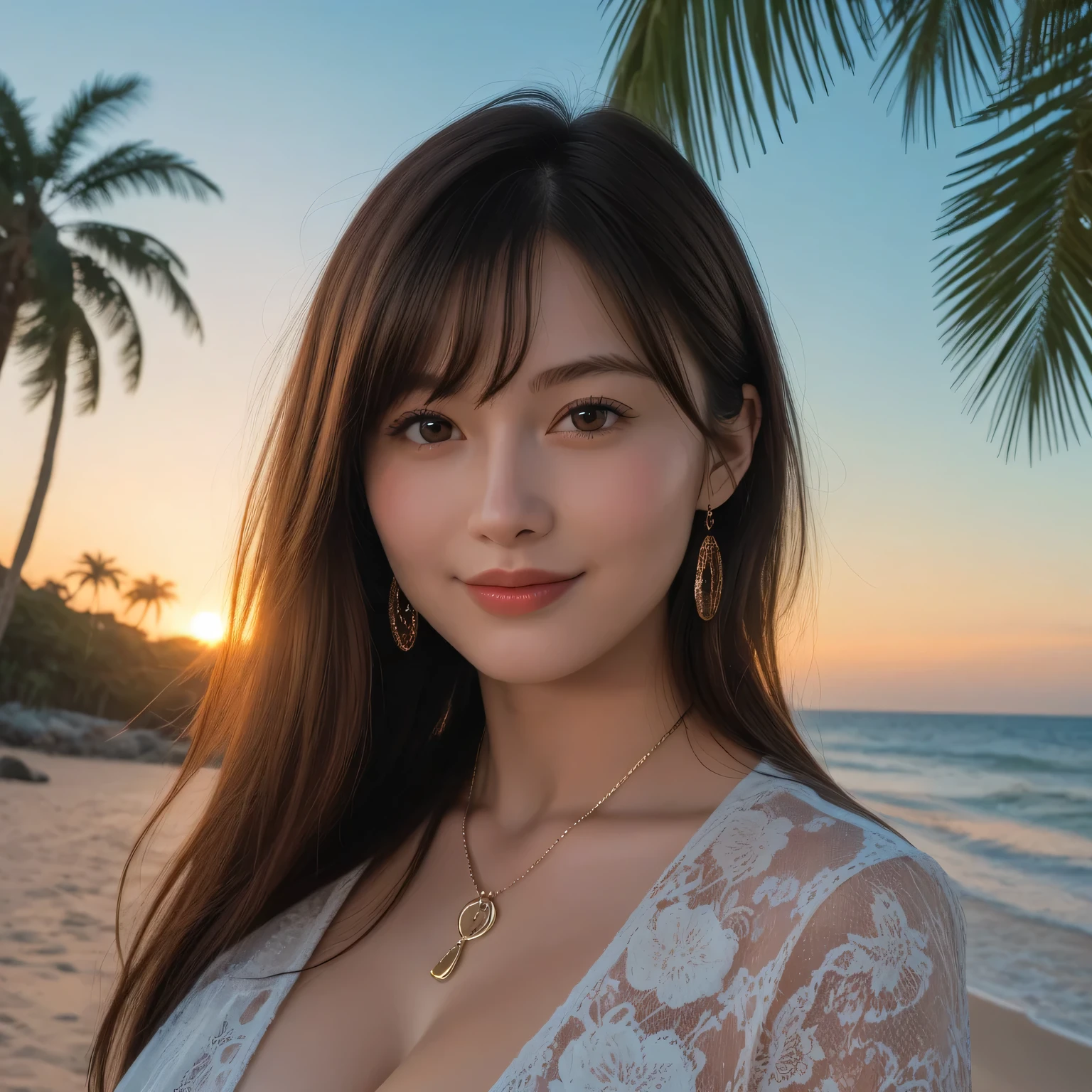 (highest quality:1.1)、(Photoreal:1.1)、(photograph:1.1)、(very detailed:1.1)、viewer、bangle、Jade Bracelet、Jade Earrings、Iracidium chest、beautiful detailed girl、(very detailedな目と顔)、(shine light on the face)、jade necklace、Ultra Micro Bikini in White、(alone:1.2)、(along the coast、Palm tree)、(Skin glowing in the light of the setting sun)、See-through、NSFW、light brown eyes、(((Hair fluttering in strong winds)))、((Anatomically perfectly balanced style))、cute pose、sexy pose、body like big blue eyes、reddish brown hair