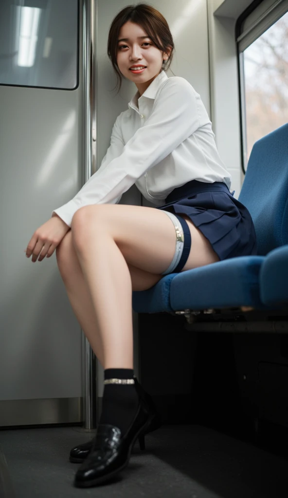 (panties seam :1.31), , (cotton White-Panty:1.35), (denim skirt), Denim clothing,,(Professional portrait, Professional Writing) ,masterpiece,最high quality,Realistic,8k,Official Art, Ultra-high resolution, ,,,Medium Hair,(Blonde gradient hair:1.02), 8k,high quality, Super detailed, 最high quality, Very detailed, beautiful , (Professional portrait, Professional Writing) ,masterpiece,最high quality,Realistic,8k,Official Art, Ultra-high resolution,, , , , Medium Hair、Shrine maiden, , , 、(Show off your Cute-Panty from the front:1.2)、Brown Hair、、、, (The background is inside a train:1.03), ,、, ,, , (Half-close your eyes:1.43), Sit with very good posture, , (Focus between legs:1.24), , , sit politely, Align the legs, Knees together, 35-year-old flight attendant,