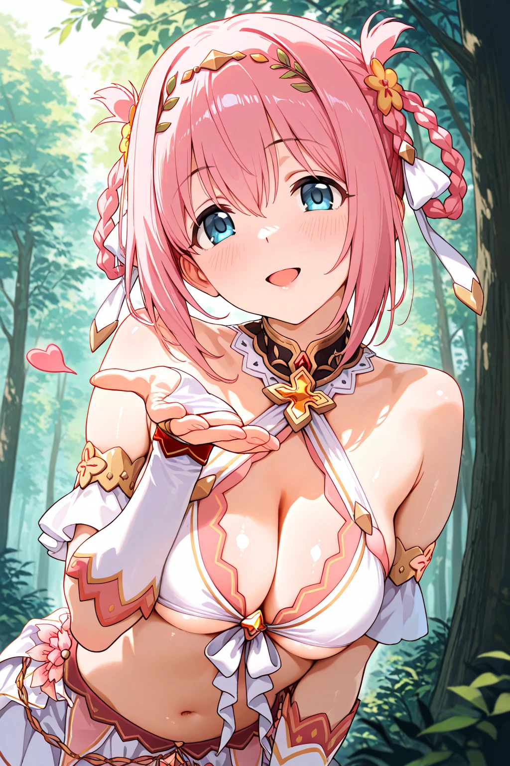 ultra-detailed, ((one girl)), (portrait), (pale skin:1.4), in pastel colors gyaru, (heavy makeup), (professional lighting) hyper detailed, absurdres, 8k, Beautiful Face, (Laugh shyly), ((teasing smile:1.8)), ((happy smile)),  ((Wink:1.6)), (Laugh with your mouth wide open),((Tilt your face:1.6)), View your viewers, ((Bright red cheeks:1.6)),Glossy Red Lips, ((huge breasts:1.5)),  ((undressing)), ((Lifting her clothes and showing her nipples:1.5)), noon,summer, Green tree々, In the mysterious forest,  ((Anime style background)),masterpiece, Highest quality, (Brighten your face), so beautiful,Latest, Complex details, (Pink long nails), (nail art), (ring),(bracelet), (Floral Choker),AI-generated, Complex,High resolution, Highest quality, super high quality,3D Images、3D Images,One person,Pastel pink long hair,(High Ponytail), (wavy hair:1.3), Pastel anime woman posing for a photo, ((Fine grain、blue eyes、glowing eyes:1.4)), (Squint your eyes:1.1),a hyperRealistic , hyperRealistic , Realistic,Anime woman with long pastel pink hair, Smooth anime CG art, A girl in a gorgeous pastel-colored kimono, ((Pastel-colored furisode)),(Pink large floral pattern), (sideboob),  Long flower hair ornament,Floral Earrings, Mature Body, tall,Narrow waist, front view, ((upper body)),