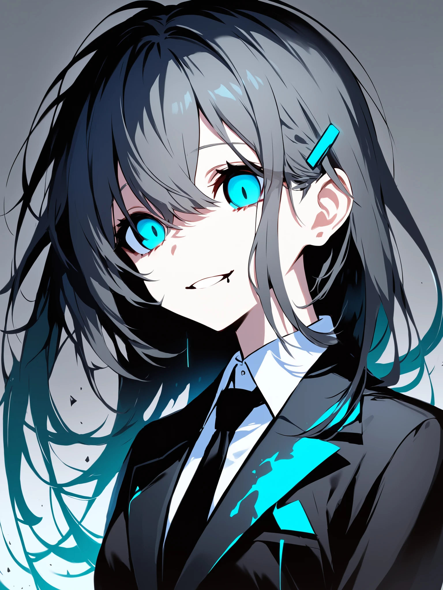 A person with long, flowing dark gray hair enhanced inside a turquoise gradient The hair features a small, distinctive blue accessory shaped like a device clipped near the ear. The individual is dressed in broken black suit, a tight black slacks and white collared shirt, paired with a black tie that has some white bone mark, imparting a professional look. her eyes lost high-light. she looks listless. she looks listless. she is grinning. her mouth has drool.picture of sideview.