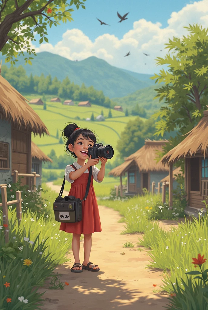 Comic storyboard:2, Uzri pine goes to the countryside,1 beautiful girl,Playing happily,and the sun was shining brightly,An amusement park