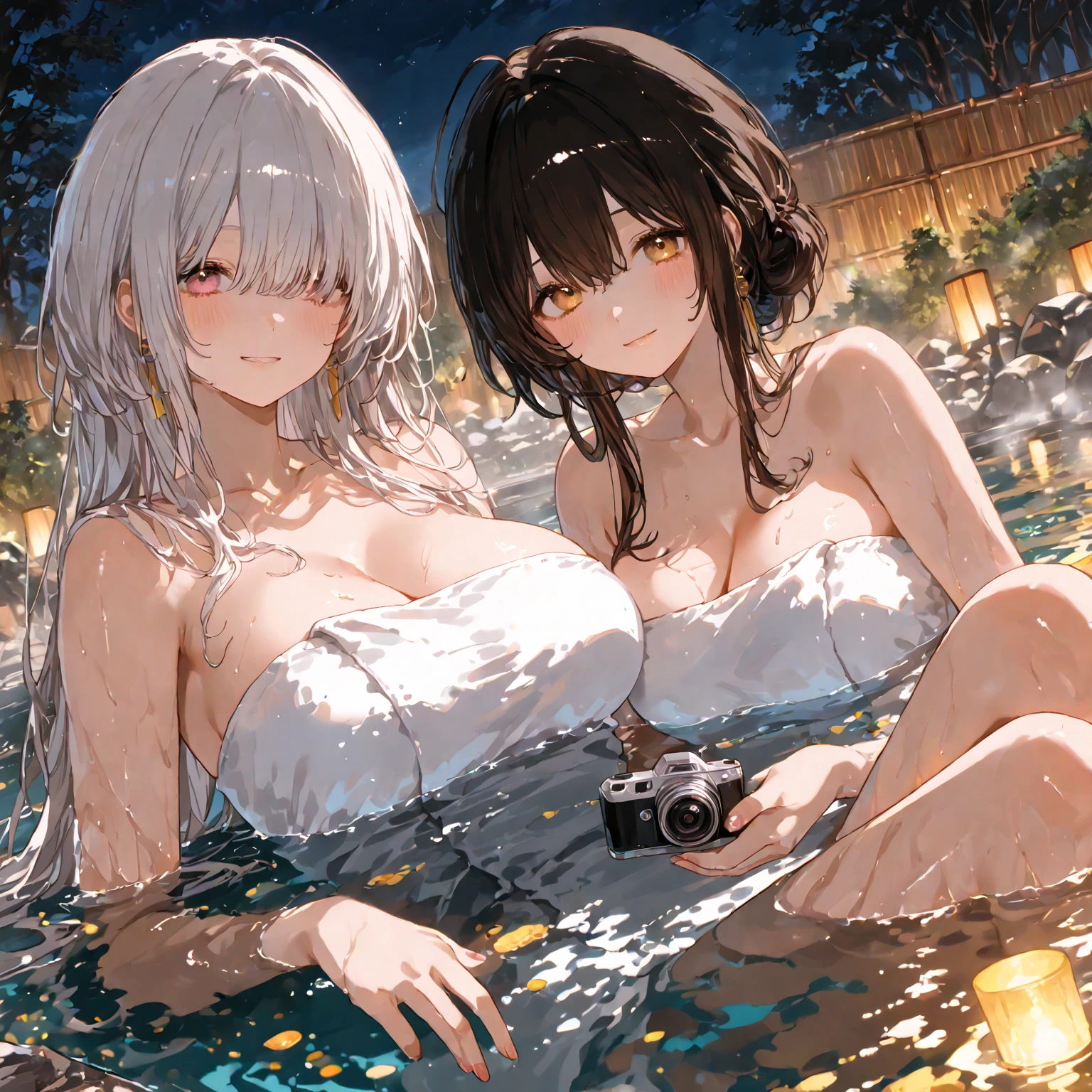 Anime Moe Art Style,Highest quality,High resolution,Anatomically correct,Multiple Girls,Mid-teens,Mr.々Hair style,Super detailed,Big Breasts,Shiny skin,Beautiful Skin,A rich expression,A big smile,high school girl,Nipples are visible,hot spring,Show off your chest,Completely naked,Sexy pose,Eyes drawn in detail,8K