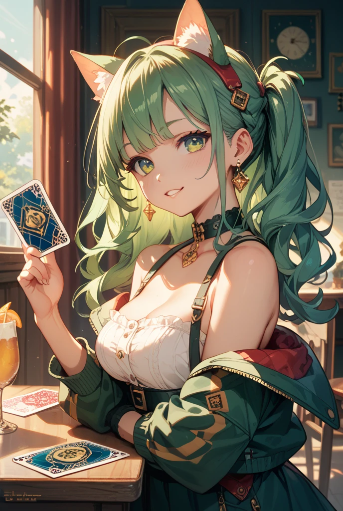 Top quality, high resolution, perfect human structure, background focus, front view, glowing hair, cat ears, green hair, dancing playing cards, heart outfit, multicolored hair, laughing happily, star-shaped pupils , wavy hair