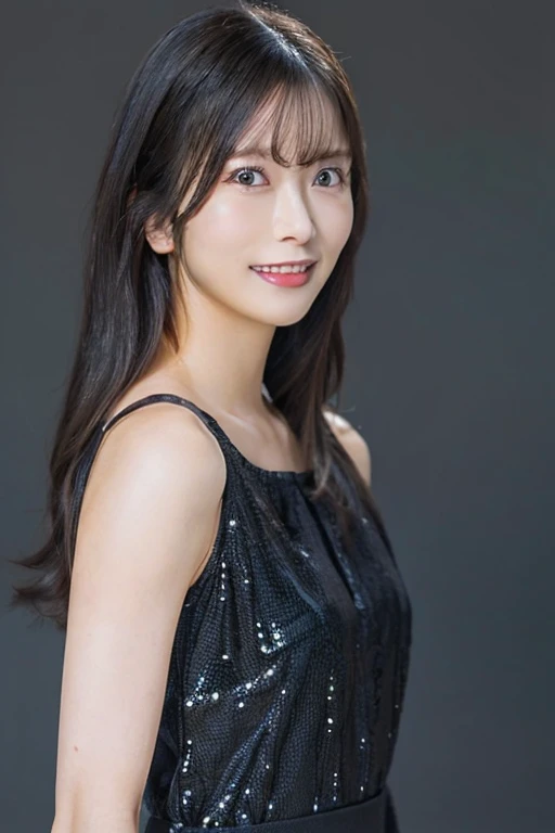 Gray background、(Blue Eye Shadow)、Red lipstick、(Sexy look)、Thighs、Pointy nipples、The wind is messing up my hair、pubic hair、濃いpubic hair、Large Breasts、Red Earrings、smile、White floral dresini skirt、Looking from below