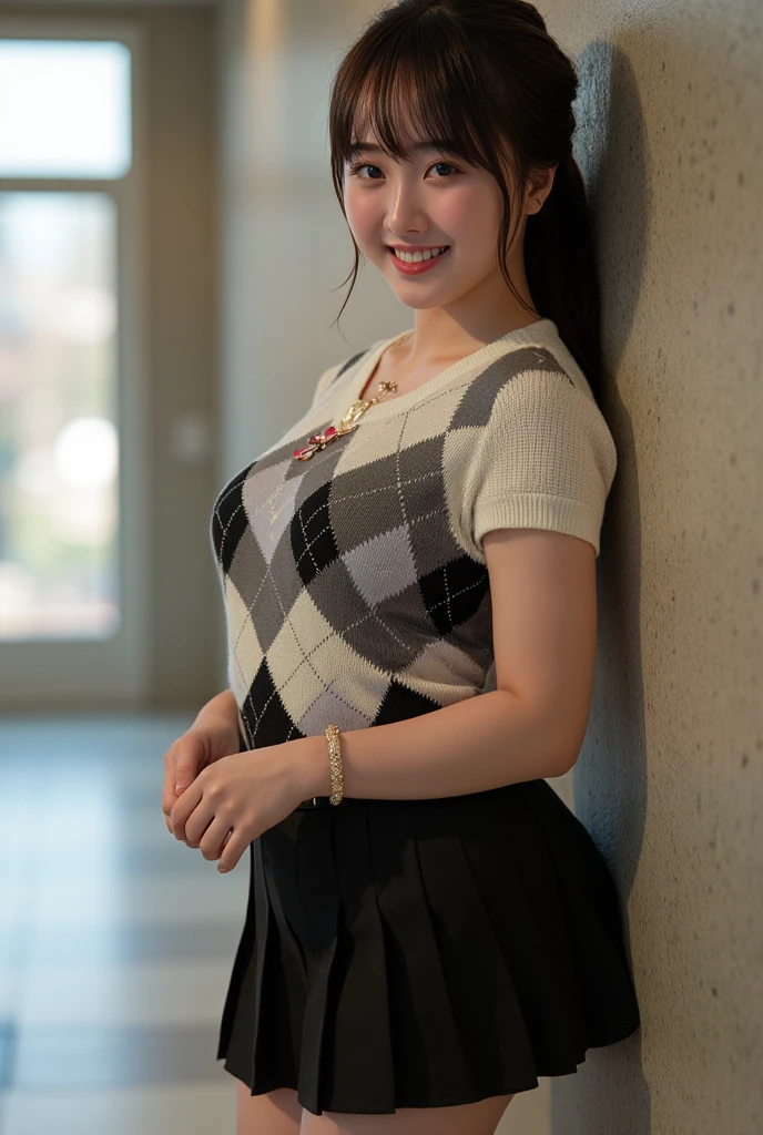 Top quality、8k、 asian woman in a skirt and sneakers posing on a flight of stairs,、(a charming smile:1.2), Princess hairstyle、Large Breasts，Sleeveless knitted shirt、wearing skirt, miniskirt, pleated miniskirt, wearing skirt , thighhighs and skirt, short skirt, mini-skirt, wearing a skirt, in shorts, wide skirts, thighs close up, wearing red shorts, pleated skirt, mini skirt, skirt