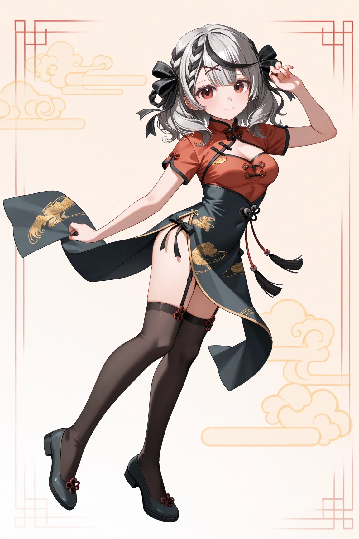1girl, solo, chinese clothes, brown hair, dress, braid, hair bun, asymmetrical clothes, china dress, double bun, thighhighs, brown eyes, gloves, full body, asymmetrical legwear, standing, breasts, twin braids, uneven legwear, single thighhigh, clenched hands, simple background, bun cover, looking at viewer