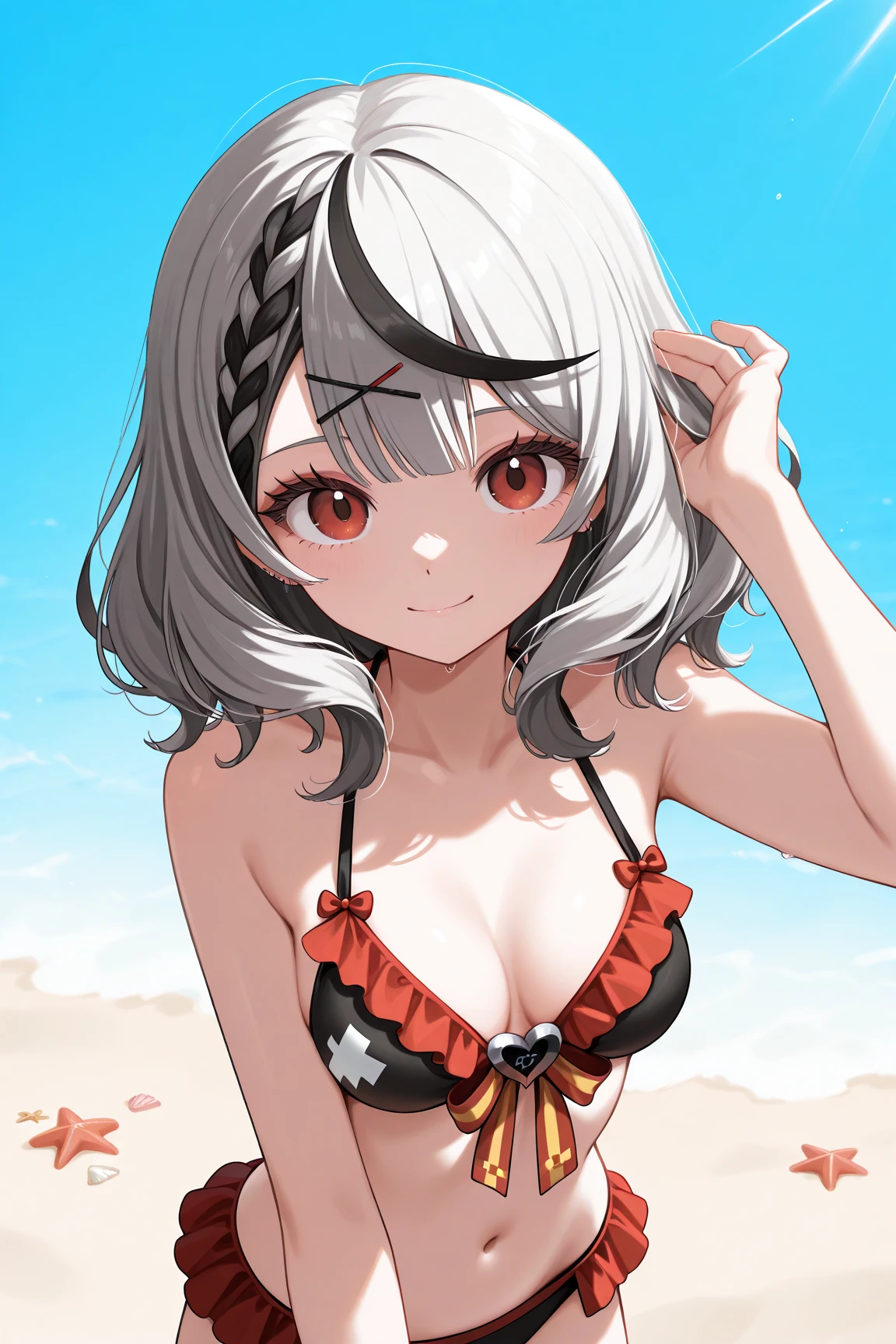 top-quality、Top image quality、in 8K,4K,masterpiece、、ultra-detailliert、Beautiful、ultra-quality、adult-like、Cool、girl with(((18year old、bikini:1.2、、silber hair、a short bob、Red Eyes、erotick:1.1、Happiness、The tattoo)))、hiquality、visualart、Background with((beachside:1.2))、masutepiece