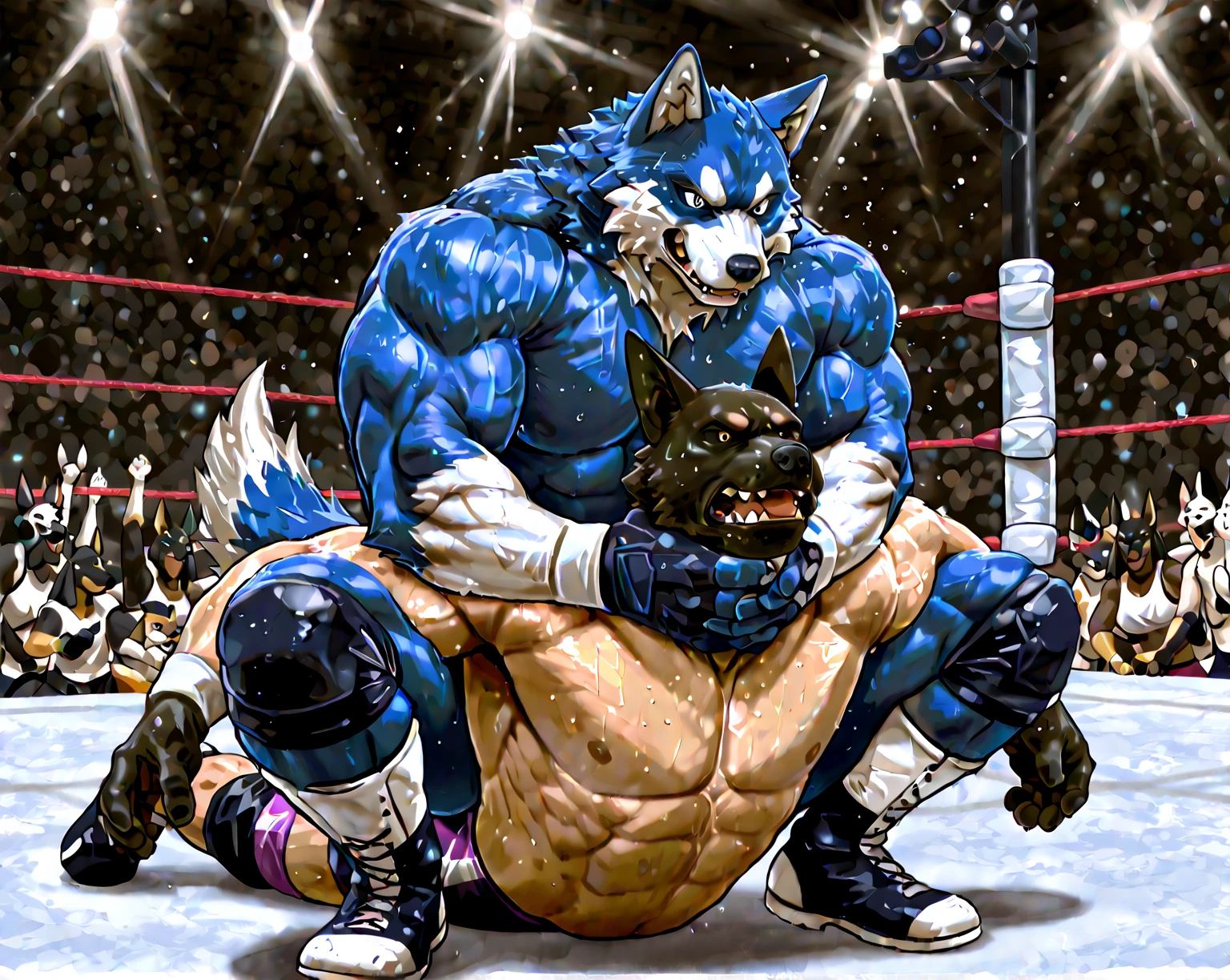 Super muscular adult boar beastman,(Wear a full uniform:1.7),Open your mouth and stick out your tongue,Surrounded by men,(a large amount of semen on the face and body,:1.6),wrestling,(Anal Sex:1.7),(Nipple ring piercing:1.3),Cumshot from huge red and black erect penis,scrotum,(Masked:1.5),Brown fur,Black hair and beard