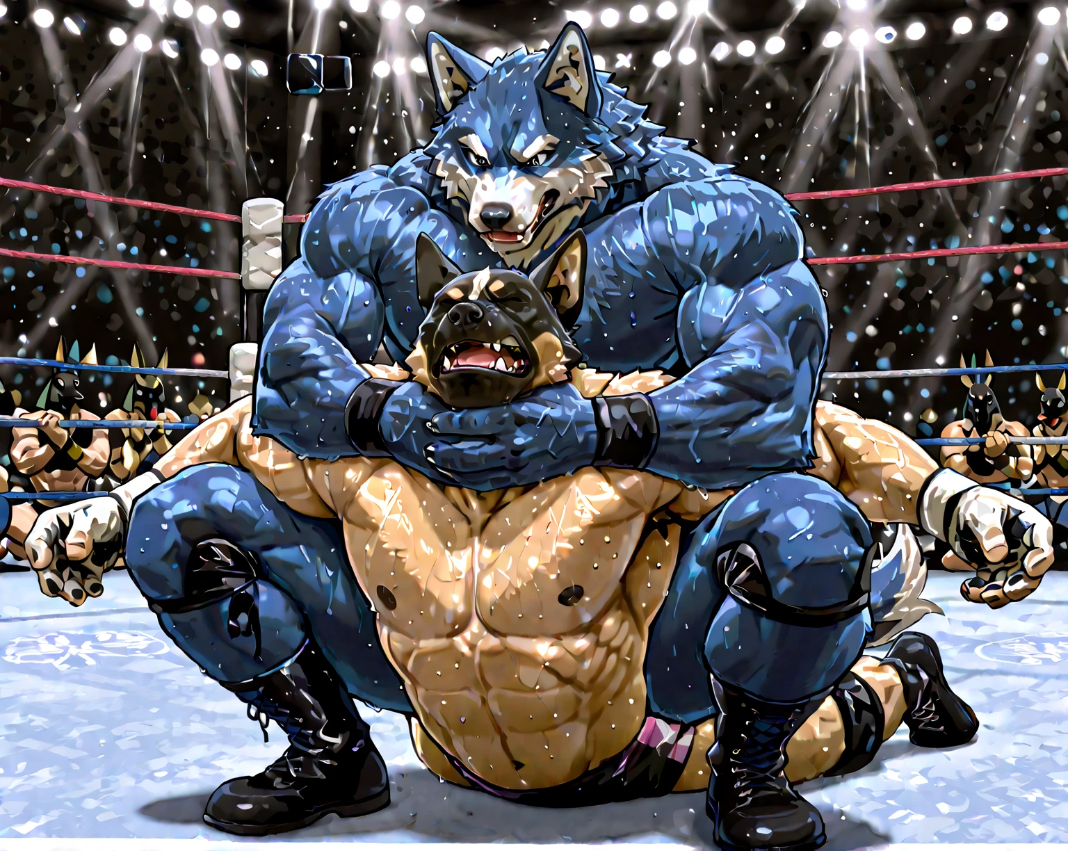Super muscular adult boar beastman,(Wear a full uniform:1.7),Open your mouth and stick out your tongue,Surrounded by ????? penises,(a large amount of semen on the face and body,:1.6),wrestling,(???????????:1.3),(?????? ring piercing:1.3),Cumshot from huge red and black erect penis,scrotum,(Masked:1.5),Brown fur,Black hair and beard,(???????),Hands behind back,(???? Sex),Kneeling