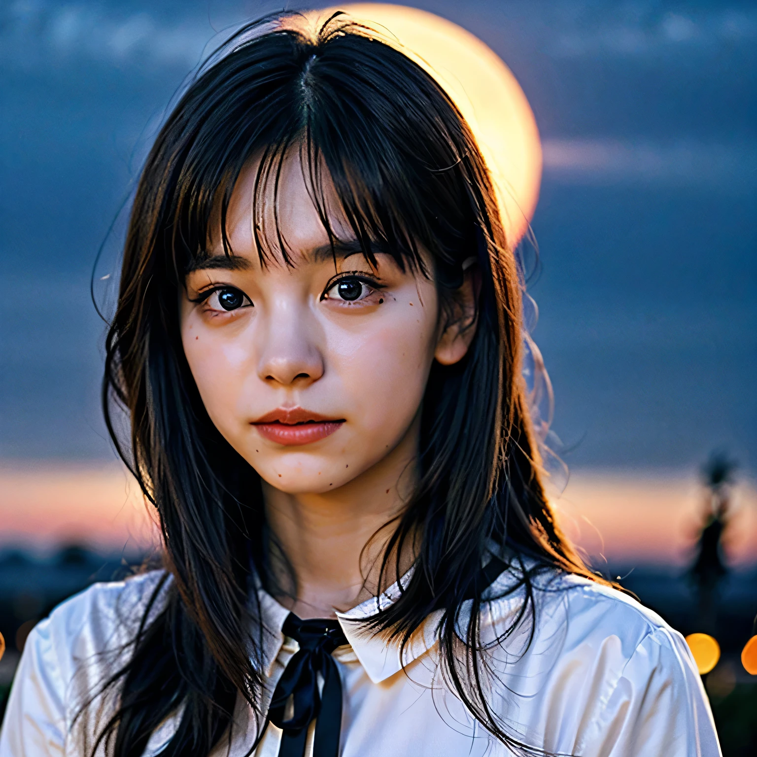 Magic Rim、Black Cat、Spirit、 full moon、Night Sky、Beautiful girl、long hair、dark haired、black eyes。