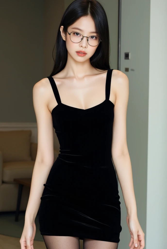 (Highest quality:1.5), (Real:1.4), (Ultra high definition:1.4), (No correction:1.4), (skinny Japanese woman with average size breasts standing front plain background in studio), (A woman wearing black-rimmed glasses), (Very small eyes), (breasts of average size), (Average height), (Cover your forehead with bangs), (Long black hair), (Dark personality expression), (long black evening dress), (black hair woman is standing with black long evening dress front plain background in studio), (woman viewed from the front), (Plain background), (Cowboy Shot), (Cold expression), (upright), (A woman with long black hair and glasses), (Bangs that cover the forehead), (Sharp and tiny eyes)