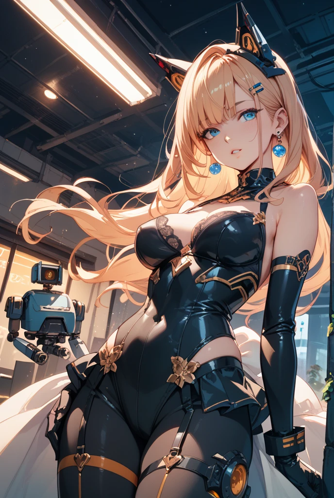 最high quality、best image quality、masterpiece、Android Girl((Robot body、20-year-old、 By becoming、vest bust、medium bust,wide open breast tea、black eye, blonde hair、long hair、thin,highest valley、glowing battle uniform、elationのある動き、fighting pose、Feeling of sprinting)),high quality、beautiful art、background((In the airport))、debris flies、Depth of written boundary、movie、visual art、perfect art、8K,genuine、elation、Dynamic expression(1:1)、elation(2:3)