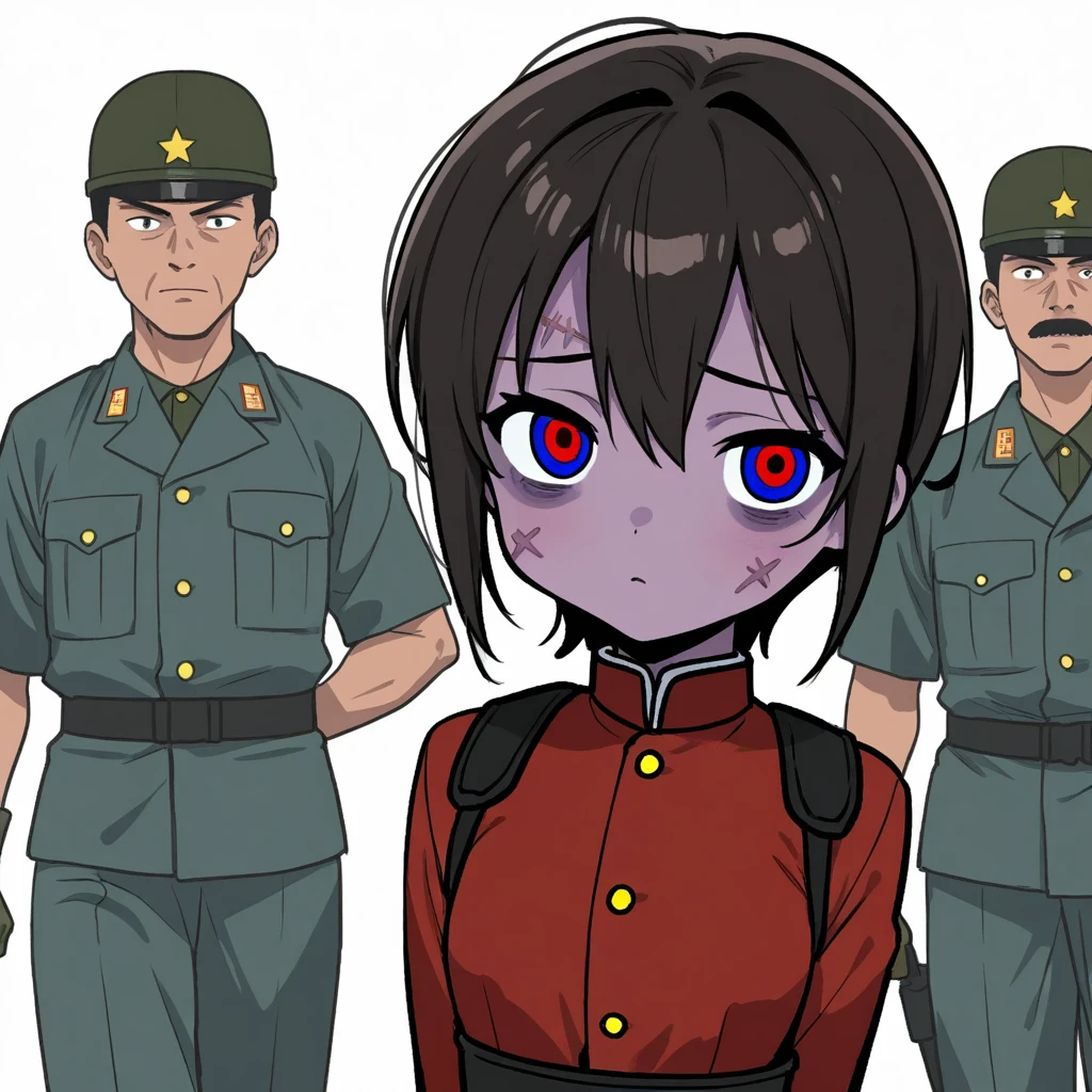 score_9,score_8_up,score_7_up,score_6_up,masterpiece,best quality,absurdres,high resolution,extremely detailed,zPDXL2,anime,game cg,<lora:satsuma_gishi_pony:0.9:lbw=1,1,1,1,1,1,1,1,1,1,0,0>,1girl,satsuma,multiple views,close-up,emphasis lines,full body,holding,running,arms up,border,looking at viewer,shouting,open mouth,angry,holding katana,katana,sweat,medium breasts,breasts,black hair,long hair,blunt bangs,hime cut,imperial_japanese_army,IJA Taisho,khaki uniform,IJA officer,brown boots,IJA peaked cap,golden sling,pants,<lora:IJAuniformXLv1:1>,beach,coconut tree,sea,sunlight,summer,traditional media,<lora:kuroboshi_kouhaku_PonyXL_style_v01:1:lbw=1,0,0,0,0,1,0,0,1,1,1,1>,
