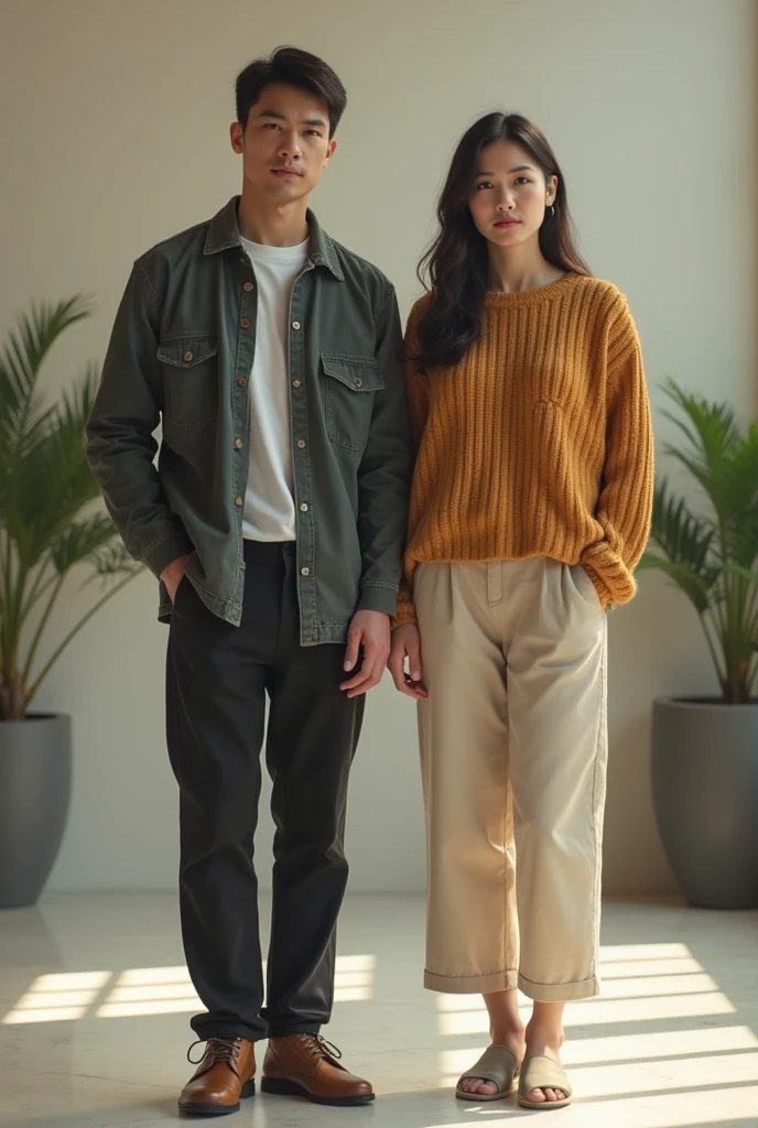 A very detailed, cinematic and ultra-realistic photo of a woman from Japan, known, similar to film artist Kasumi Arimura, beautiful face, clean, wearing a floral midi dress with a knit cardigan and brown leather boots, at Vintage Cafe, Button-up shirt, Chinos, Loafers at a vintage cafe table, graceful couple, absolutely realistic