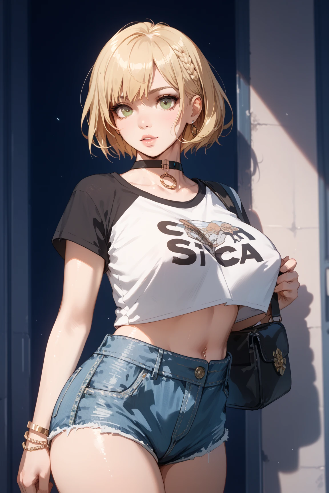 Absurd, Super detailedな,(In 8K:1.3),Masseter muscle area,(masterpiece:1.2)、(Highest quality)、4K、Super detailed、(Movement Structure:1.4)、(Shining Lights、Atmosphere lighting), High resolution, Best Quality、(One person:1.4),Super detailedな,Bright colors、Treebreak Production Art、(Warm color light source:1.2),High-level image quality、Fine image quality、Intricate details,Volumetric Lighting,Realism BREAK、Profile、 Idol face、15 years old、Very beautiful face and eyes, Beautiful images、natural make up、 big eyes,、 (full-body shot:1.3)、 (breast grab)、 (Big Tits:1.2)、(curvy body)、(glossy skin :1.5)、(Baby Face:1.5)、 (graffiti:1.5)、 (blonde hair,short hair:1.2)、(black、Plain、oversized t-shirt:1.5)、(black、Supreme box logo cap:1.5)、(black、Short cargo pants、Wallet Chain:1.5)、(white、Low Cut、sneakers:1.5)