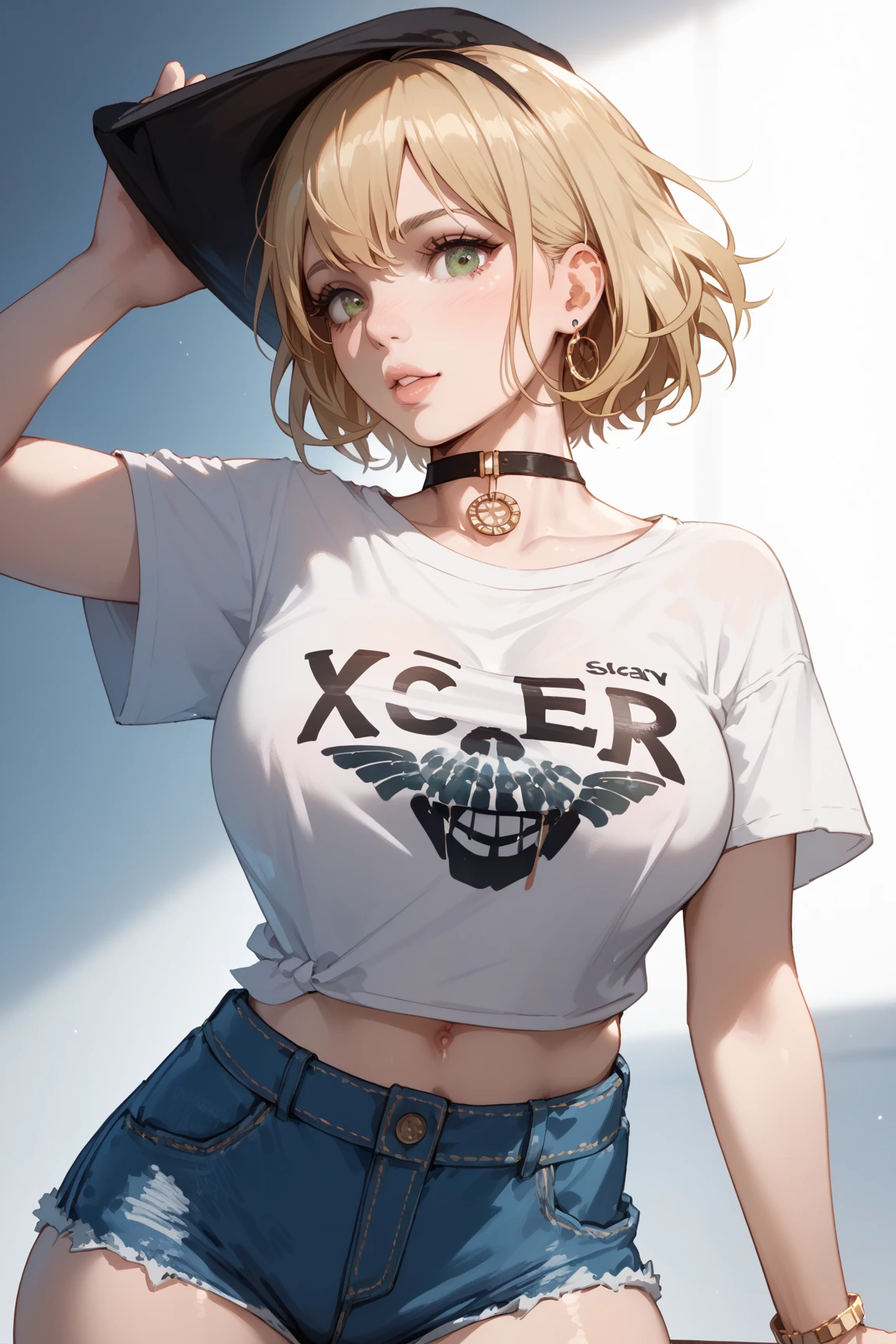 Original Character, Volumetric Lighting, Best Shadows, Shallow Depth of Field, Portrait Of Stunningly Beautiful Girl, Petite, Delicate Beautiful Attractive Face With Alluring Yellow Eyes, Messy Painted Face, Sharp Eyebrows, Broadly Smiling, Open Mouth, Fangs Out, Lovely Medium Breasts, Layered Long Twintail Blond Hair, Blush Eyeshadow, Thick Eyelashes, Applejack Hat, Oversized Pop Jacket, Mini Underboob Tee, Open Navel, Slim Waist, Denim Jeans Pants, With Buckle Belt, In The Graffiti Alley, Waste Container, Outside Stairs, Outdoor Unit, Holding Spray Paint Can, Standing, (Highest Quality, Amazing Details:1.25), (Solo:1.3), Brilliant Colorful Paintings