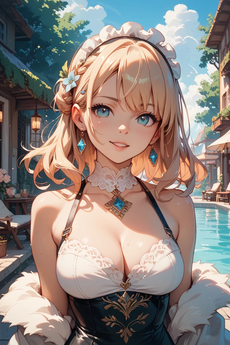 Peach, blue eyes, long hair, 1girl, solo, perfect breasts, ,earrings glossy lips ,looking at viewer, blush, large breasts, nature, pond, trees, park, long light pink elbow satin gloves, holding, animal ears, cleavage, bare shoulders, jewelry, very l, gentle smile, pantyhose, earrings, fake rabbit ears, light pink leotard, fake animal ears bunny, long light pink elbow gloves, light pink gloves