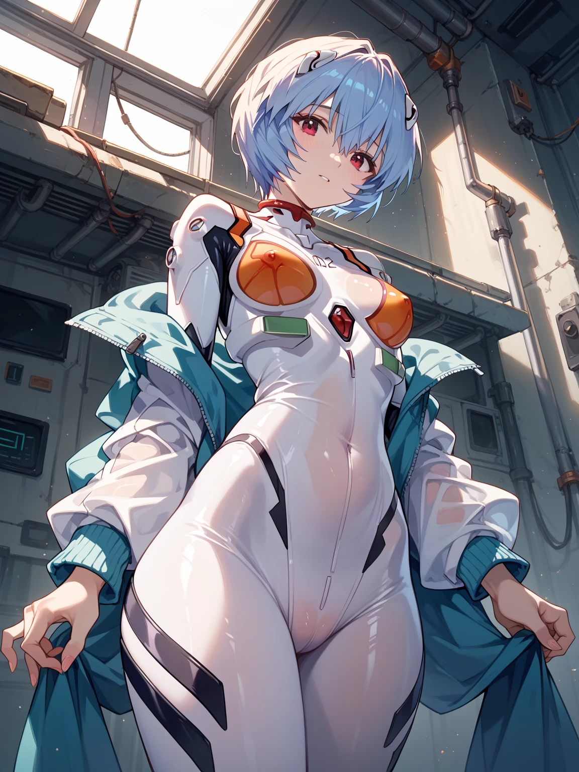 (masterpiece, Highest quality, Super detailed, 8K, wallpaper, Realistic), ((Perfect hands)), ((Perfect Anatomy)), Medium cleavage,, ((Attractive anime girl)), ((Rei Ayanami)), ((Capturing her ethereal beauty with pale wet skin, Wet short indigo hair)), ((Bright crimson eyes with a mysterious depth)), ((Sheer one-piece swimsuit, NERV logo and、Evangelion-themed designs, etc.、Subtle details can be incorporated as accents, To pay tribute to her character)), ((Close-up shot)), ,((Spread your legs and raise them:1.3)),(Cameltoe:1.5)、(Moriman:1.5)