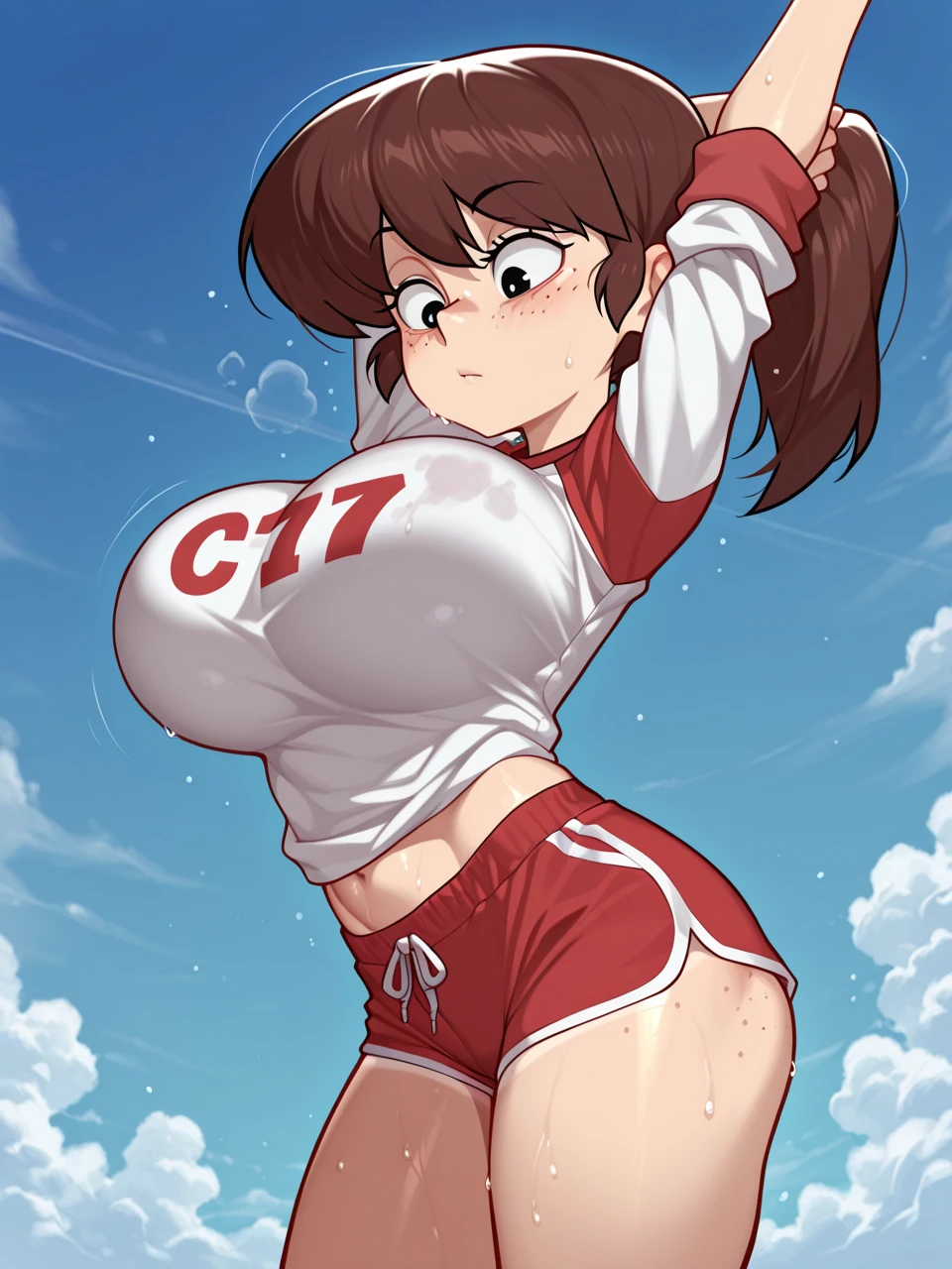 (nsfw),sharp focus,ultra detailed,(nsfw),upper body,medium short hair,(close up,face focus:1.3),saggy big breasts,(cheerful smile),(track uniform),(,lifted logo printed vest,short gym pants:1.3),20 years old,arms up,(armpit hair:1.1),standing in back alley,offstreet,curvy body,cute seductive girl