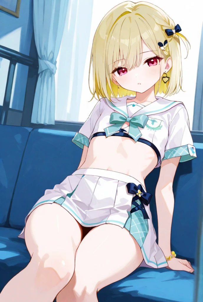 Tram stop　passengers around　Elementary school girl　8 years　flat chest　for the black　broad　The eyes are purple.　（（1 person））　Sailor uniform long sleeve white upper body　Navy blue underbody mini skirt　white panties　white socks　sport boots　standing at the stop　Open your legs a little（（I can see white panties））　FROM THE FRONT　Dynamic Angle　low angle