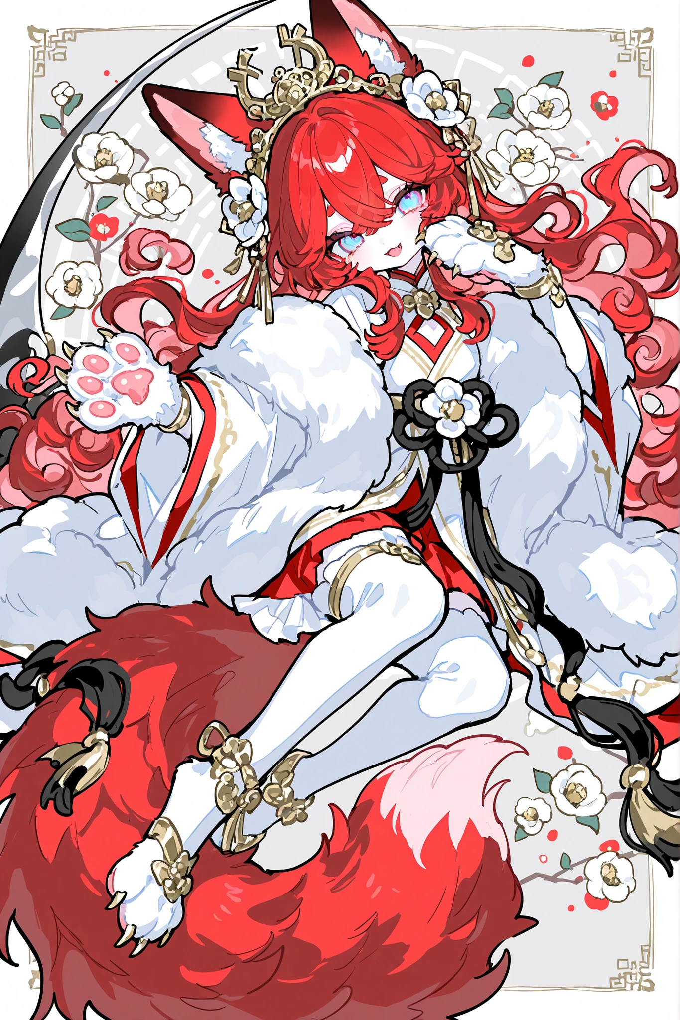 (Canine paws,xxx667_illu, paws pads, metacarpal paws pads,claws, detailed paws, [color] paws,)The kitsune girl, the red-haired fiery furry fox.  She has peach-white skin, Asian features, and slanted, half-lidded blue eyes. She has an oriental make-up, her eyes are lined with scarlet and gold, and she has stripes on her cheeks.   She has longest curly hair and curly bangs. She has big fluffy fox ears with black tassels. She has a red fox tail.  She is dressed in a red and white priestess outfit and a scarlet haori decorated with white-gold-red camellia flowers. She is armed with a red battle scythe decorated with white oriental ribbons, Japanese amulets and pendants.  In the background: the oriental garden at the temple with flowering camellia bushes.