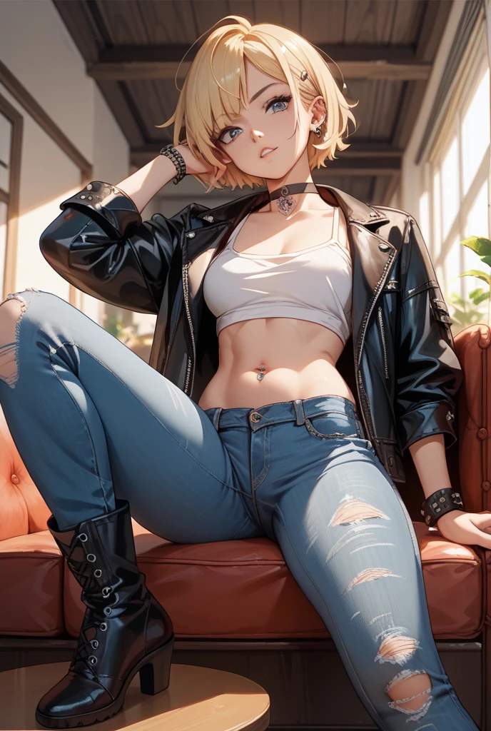 (​masterpiece、top-quality、hight resolution、Unity 8k、extremely details CG:1,Best Picture), modred, (green eyes:1.5), blonde hair, ponytail, short hair, scrunchie, red scrunchie, hair scrunchie, denim, denim shorts, jacket, jewelry, midriff, navel, necklace, red jacket, short shorts, shorts, tube top, white top, nsfw, female thug, disapproving, Negotiating the price of prostitution, ‘You want to buy me for that kind of money?’