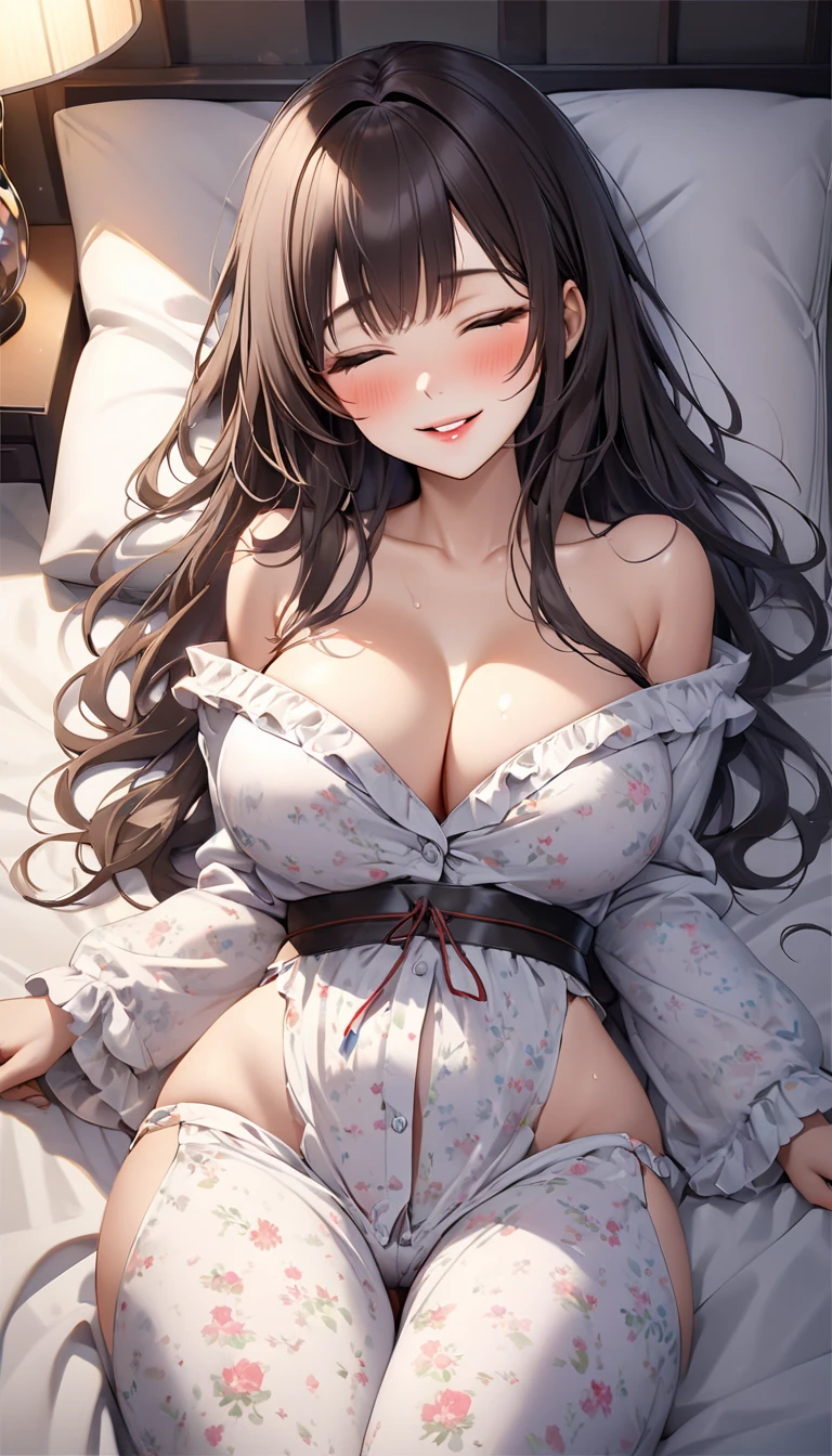 (masterpiece:1.3, Highest quality), Ultra-high resolution, Super detailed, (Realistic, photoRealistic:1.4), Beautiful illustrations, Perfect lighting, colorful, Depth of written boundary, View your viewers, (Face Focus, Upper Body), 1 Girl, alone, High female high school student, Gravure Model, (Large Breasts:0.8, Big Ass, Captivating thighs, Skin Dentition), (Mid-length hair:1.2, Half Up:1.2), Light brown hair, bangs, braided bangs, Dark brown eyes, Droopy eyes, Part your lips, Shiny skin, Beautiful Hair, Beautiful Face, Highly detailed face, Beautiful attention to detail, Beautiful clavicle, Beautiful body, Beautiful breasts, Beautiful thighs, Beautiful feet, Beautiful fingers, (Detailed cloth texture, Orange tops, (Long sleeve frill off-shoulder shirt, High waist grey tight skirt, belt,black panties)), garnet necklace, (Beautiful views), night, (Shoulder strap, Modern), Lying in bed, (A seductive smile),((Dark brown eyes)),