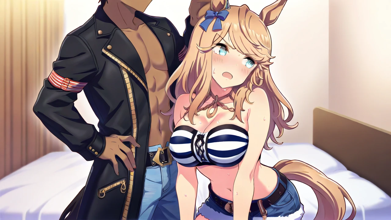 ((1little girl:1.5)),((1tall man:1.6)),((1girl, 1black man, kiss, old, groping:1.2)),absurd solution,((Pregnant: 0.8)), {Perfect Anatomy},((beautiful face)),((Pregnant: 0.8)), ((looking at the viewer:1.2)),(clothed sex:1.8),,((KanColle)),(table top, highest quality:1.2), Johnston, Expressionless, closed mouth, looking at the viewer, Johnston Summer KC, two side up,long hair, gloves, belly button, swimsuit, bikini, choker, black gloves, blue bikini