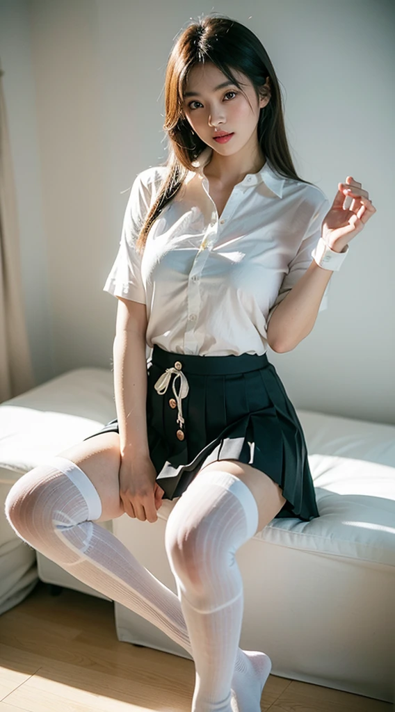ulzzang-6500-v1.1, (Raw photo:1.2), (Photorealistic:1.4), Beautiful detailed girl, Very detailed eyes and face, Beautiful detailed eyes, Ridiculous, Incredibly ridiculous, Huge file size, Ultra detailed, High Definition, Very detailed, Best quality, Masterpiece, Kemomimi, ((Japan Girls' High School Uniform)), Illustration, Very detailed, CG, Unification, 8k wallpaper, fantastic, fine details, masterpiece, best quality, highly detailed cg uniform 8k wallpaper, light on face, movie lighting, girl 16 years old, (without panties)), ((dynamic pose))), (camel toe), (half), (high socks), (sitting legs with crotch open)), (pubic area visible), (pubic hair protruding), short hairstyle, curly hair, bare feet, (wearing a skirt), flipping up skirt, neckline, navel, t-shirt, (without bra)), clothes lift,