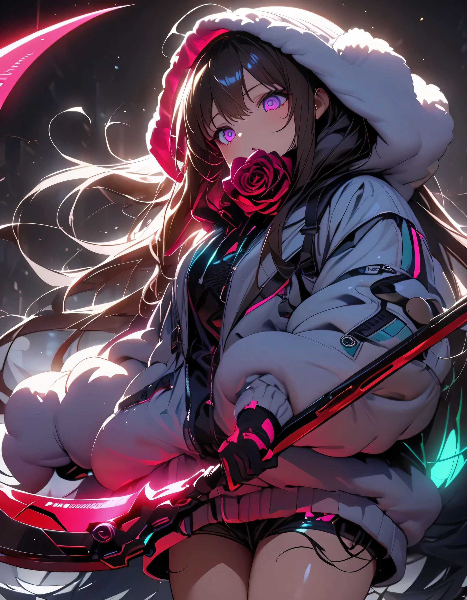 detailed face、Finest Details、top quality、masterpiece、Super Detailed、and high precision、minimal detailed silhouette、 pretty face、a face like a baby、Cyberpunk girl holding a giant bloody machine scythe in her hand,   is playing , minimal reflective surface with a huge bloody machine scythe,sickle blade is neon color, Minimal reflective surface with bokeh、crescent sickle with an elaborate rose carving、 shiny,  is、Standing on a giant bloody scythe , Soft Gray Background.neon color palette、black light、Dynamic、流Dynamic、sense of speed、Stand on the glossy, In the hands , soft white background, Depth, Fluffy hoodie、hotpants、leg warmers、Thick Soled Sneakers 、slender figure、