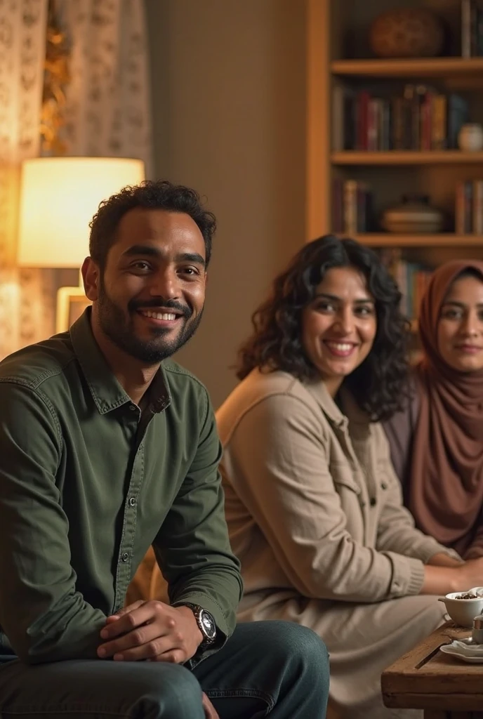 ((3 hijabless man wear jacket sitting), (2 hijabbed woman sitting), (1 hijabless teenage girl sitting)), casual fashion, happy expression, just concentrate, white skin people, crowdless, extreme detail, masterpiece, 4k, gaming character, adult 3D character, proportional, cinematic lighting