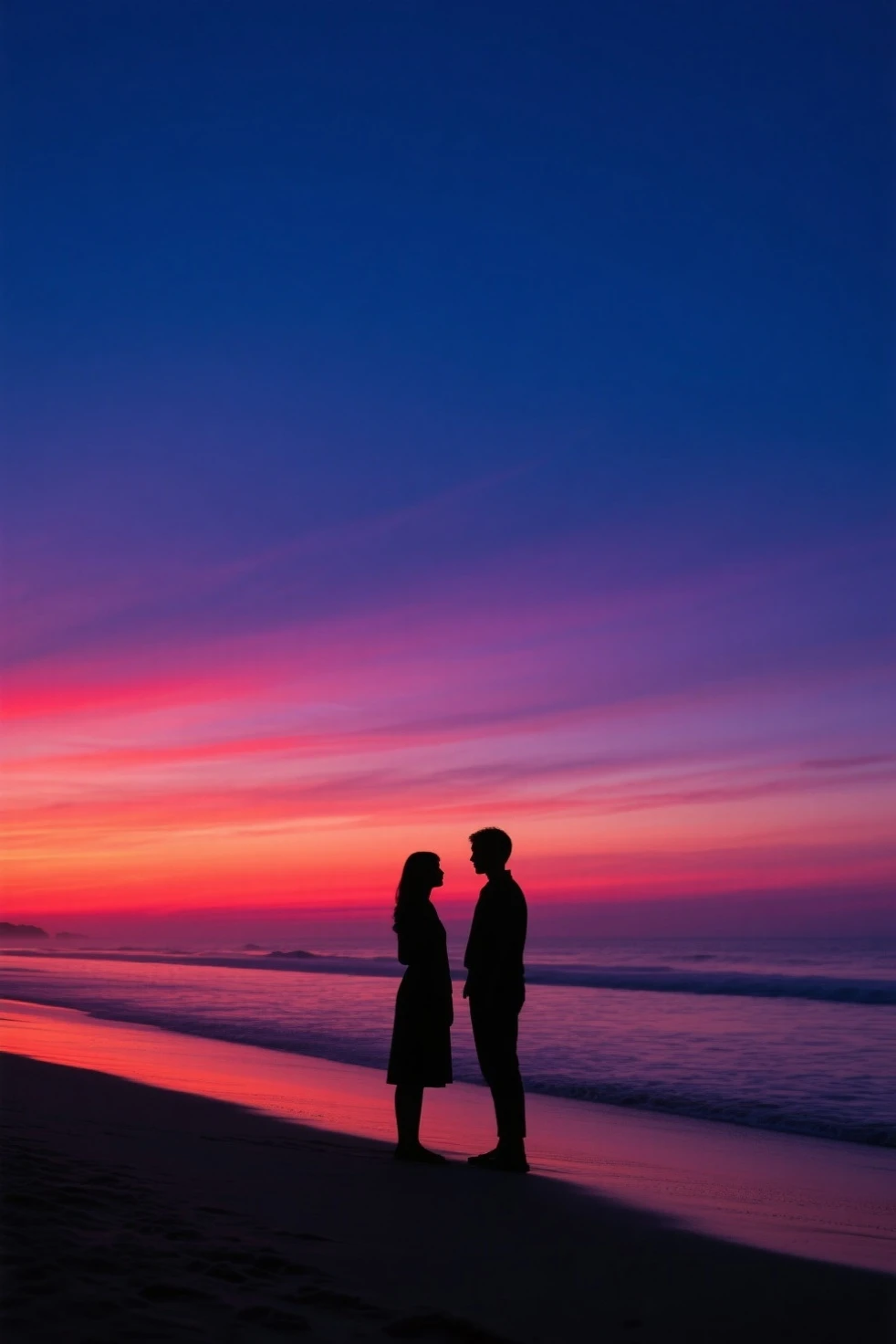 A couple deeply in love, embracing each other in a warm and affectionate hug, against a beautiful sunset backdrop.