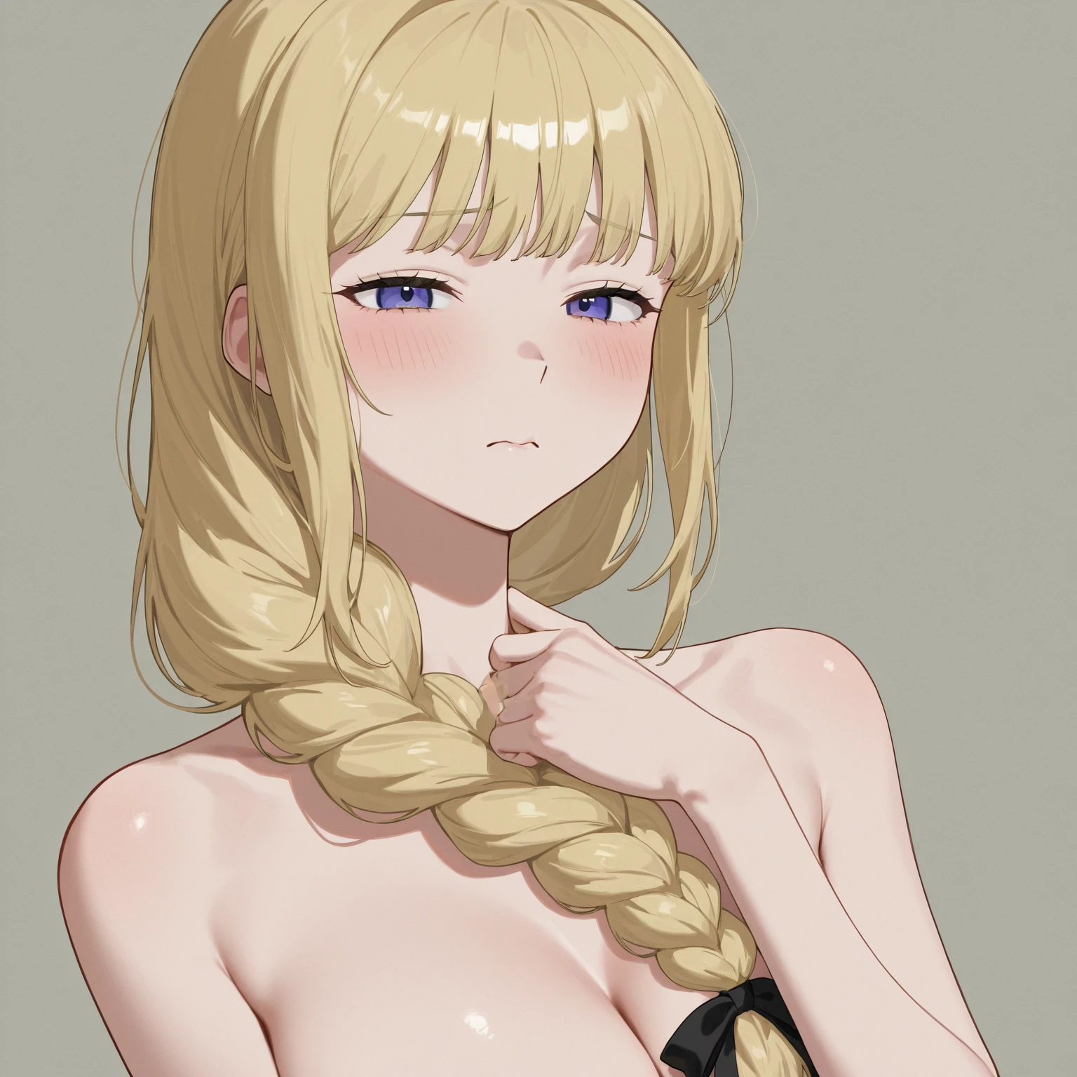 Shiny blond hair, very long hair, sophisticated haircut, ((((hair fully braided))), ((small twisted braids))), thin and oval face, submissive, ((((naked)))), cute and blushing 18 years old anime girl, looks away because she is embarrassed and blushes, bright blue eyes, detailed face, detailed members, detailed arms, detailed hands, Girl lying on a mat, tied by ropes, shackled, cannot move, tied tightly, very hard tied up with lots of ropes, hampered by so many ropes that she can no longer move, bound hands and feet, ropes tie entire body, tied extremely tightly and forcefully to the mat by