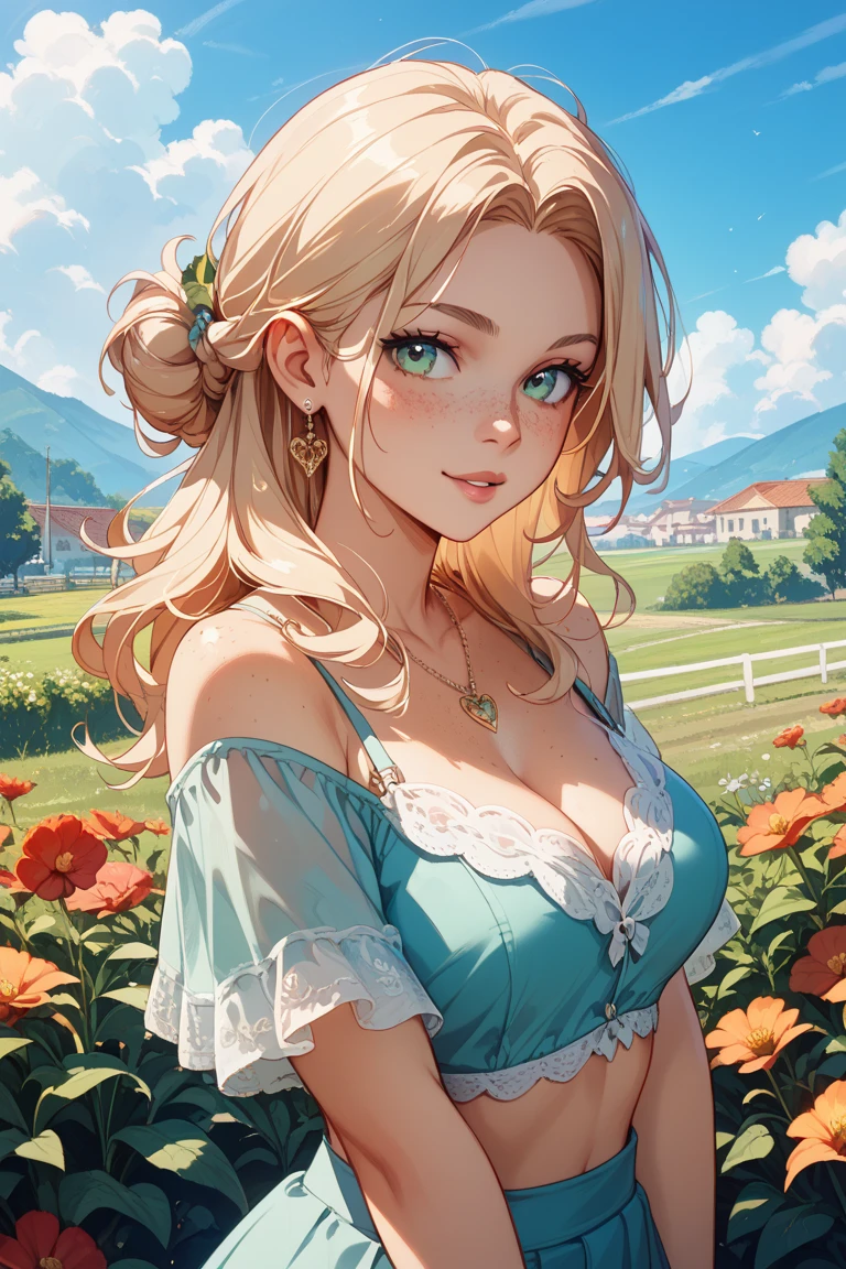 Cowboy Shot,beautiful and detailed illustration,pop art,masterpiece, best quality, ultra-detailed,soft lighting,<lyco:GoodHands-beta2:0.8>, <lora:add_detail:0.3> ,(1girl), (blonde hair, green eyes, flat_chest),, dynamic pose, dynamic angle, lipstick, slim, slim body, medium breasts, (Floral_wrap_top:1.5),(Midi_skirt:1.4),(Beaded_bracelets:1.3),(Garden_party_background:1.5), detailed background, realistic, solo, hair ornament, rolling_eyes, cross-eyed,stylish pose