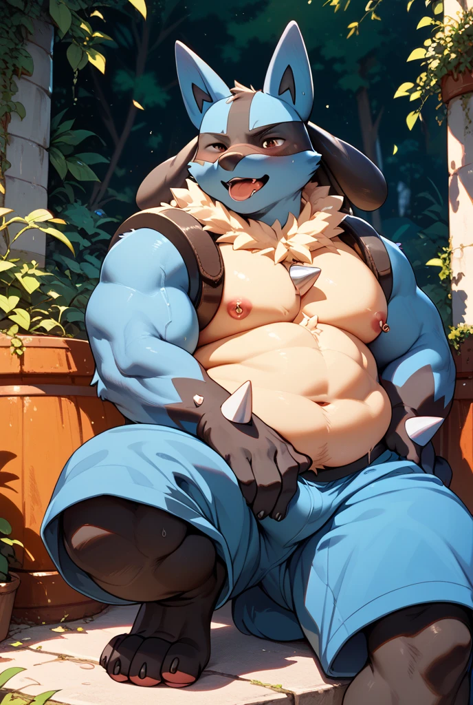 anthropology, dragon, hairy, black and white fur, A place where people congregate, hairy, Sweating, Sparkling blue eyes, Big pink‚ with big‚ abs‚ handsome‚ sex, shy face, collarbone, pink nipples, nipple piercing, kneeling, harness, harness ring, fat, up view, high quality, super detail, wear shorts, wear t- shirt, 1080P, high quality, high quality, best quality, 8k, super detail, 16k, injury, bloods