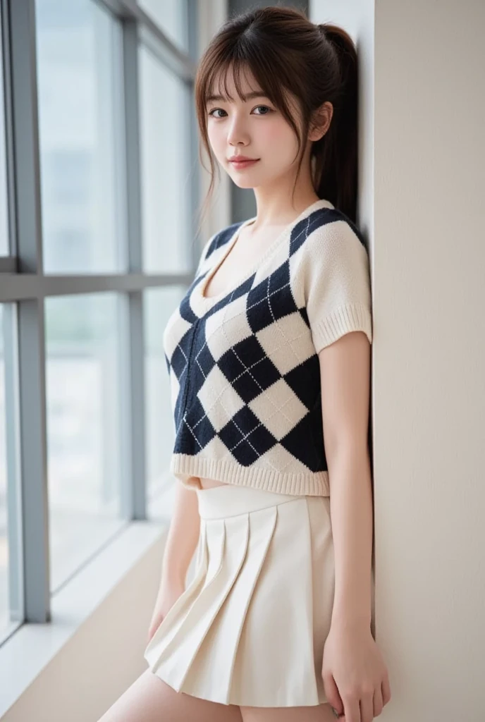 Very cute girl、beautiful girl、Sitting、Spread your legs、mini skirt、cameltoe、smile,from below　